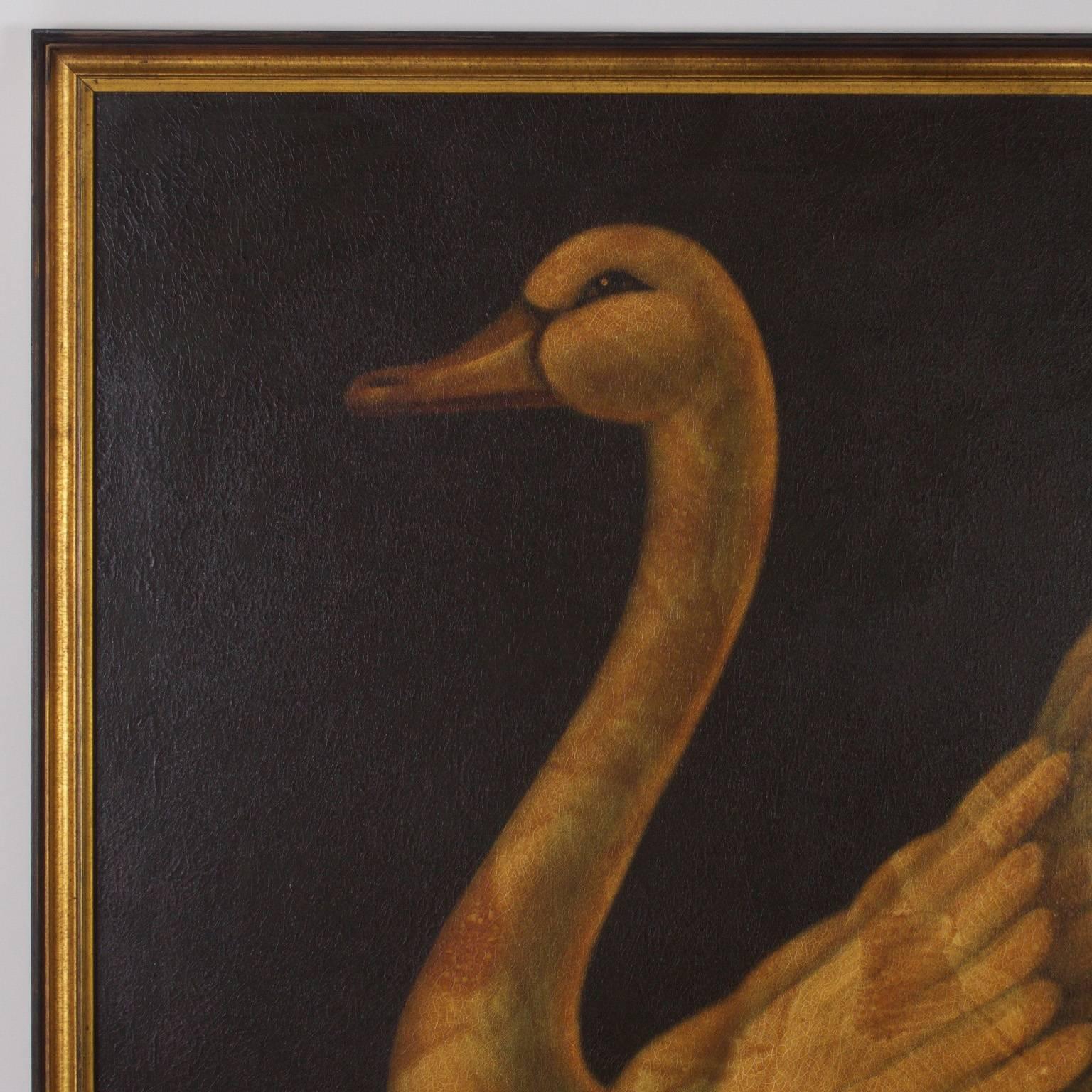 The nocturnal, gliding grace of a swan captured here with aplomb. This painting is an oil on canvas, cleverly contrived to look antique and presented in a gilt and ebonized frame. Signed Reginald Baxter in the lower right.

 