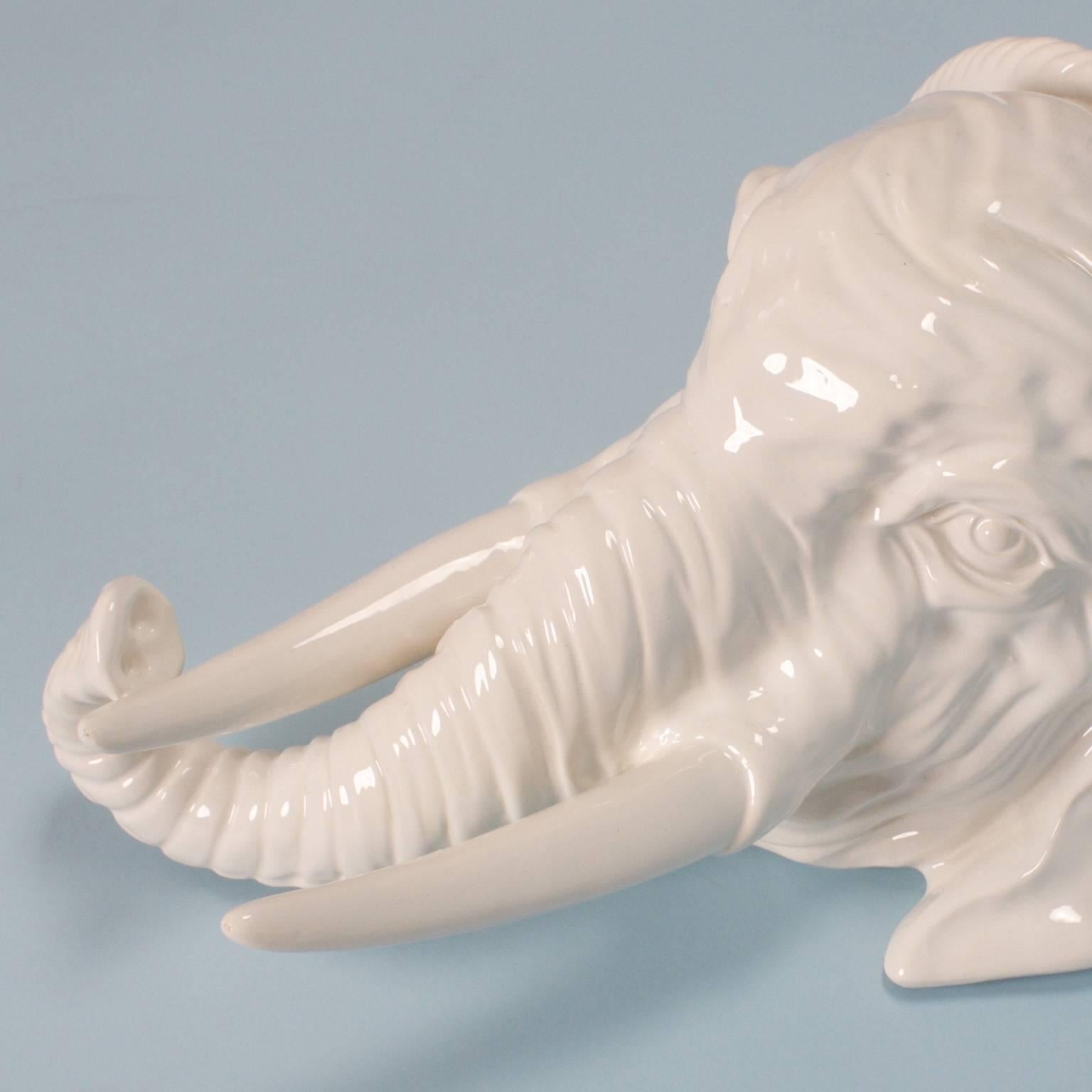 Italian Mid-Century Pair of White Glazed Porcelain Elephant Head Wall Brackets