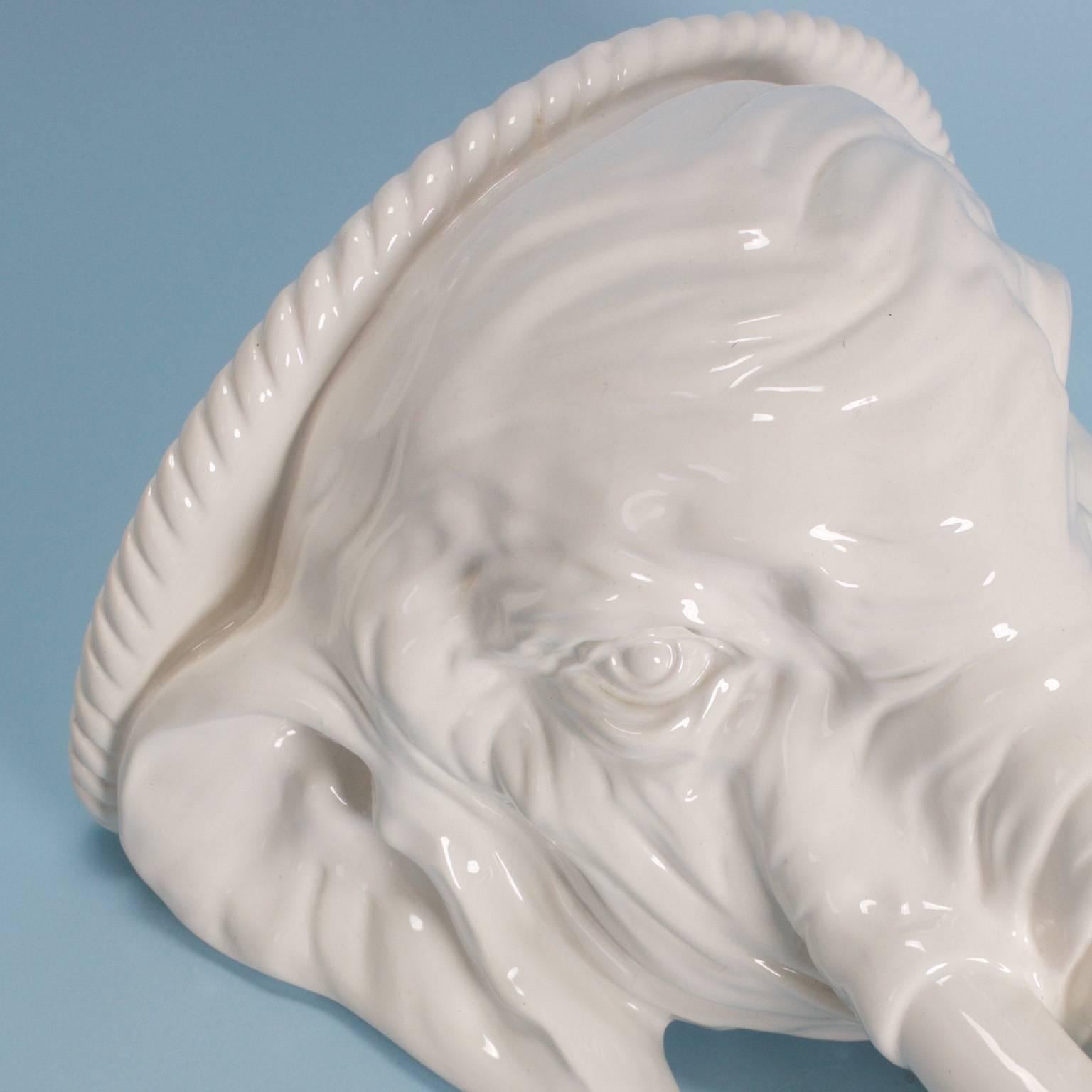 Mid-Century Pair of White Glazed Porcelain Elephant Head Wall Brackets In Excellent Condition In Palm Beach, FL
