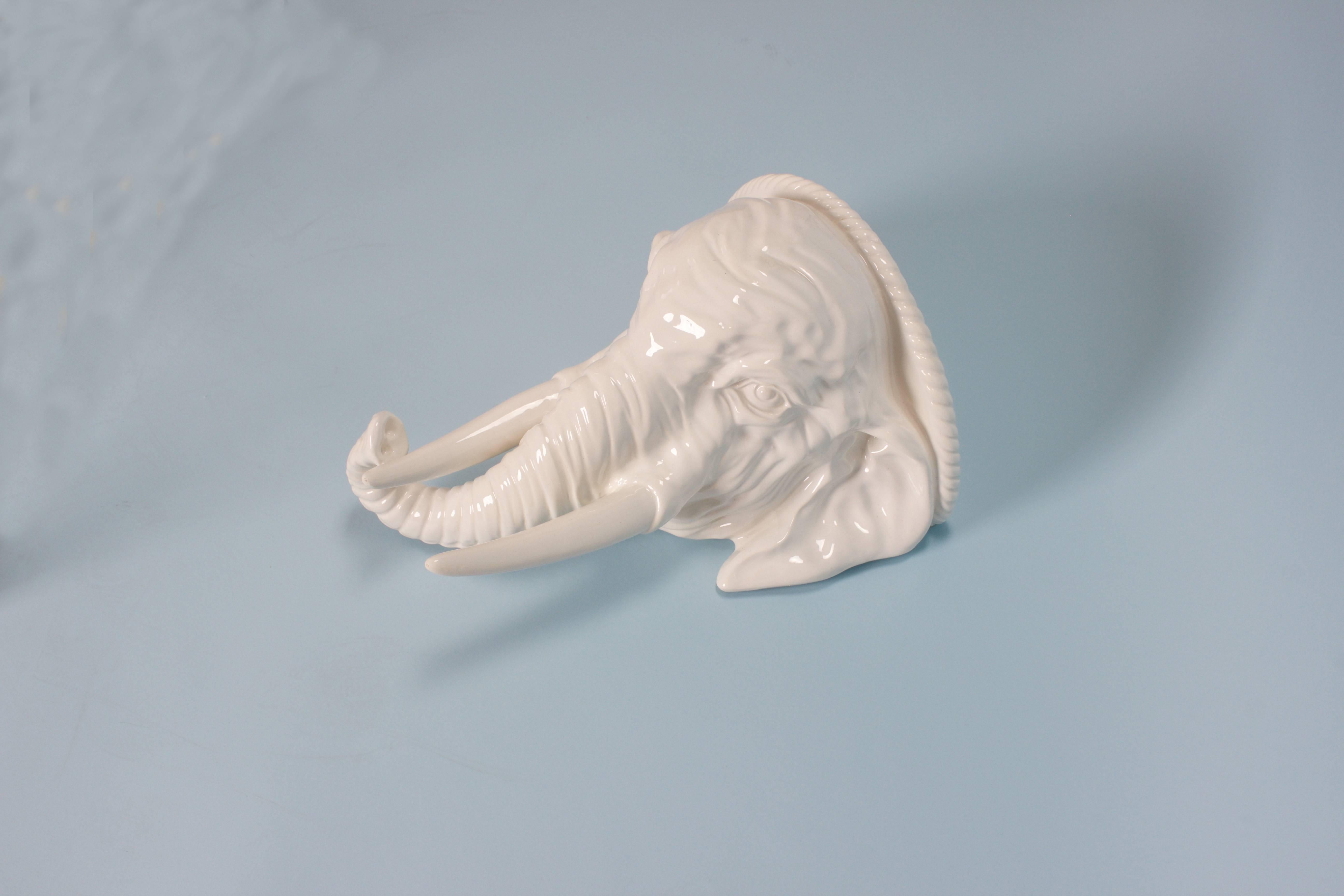 Anglo-Indian Mid-Century Pair of White Glazed Porcelain Elephant Head Wall Brackets