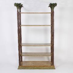 Mid-Century Modern Carved Wood Etagere with Palm Leaf Finials
