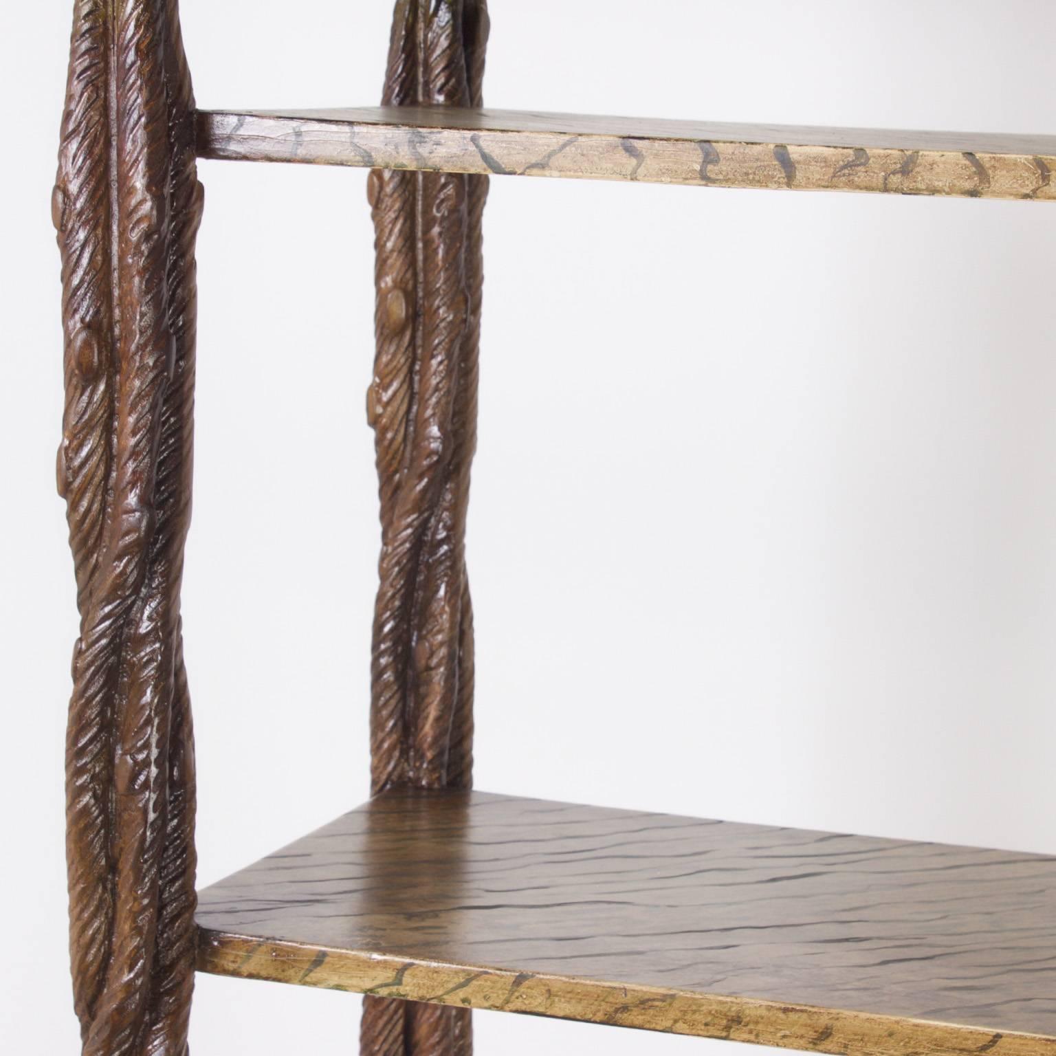 Italian Mid-Century Modern Carved Wood Etagere with Palm Leaf Finials