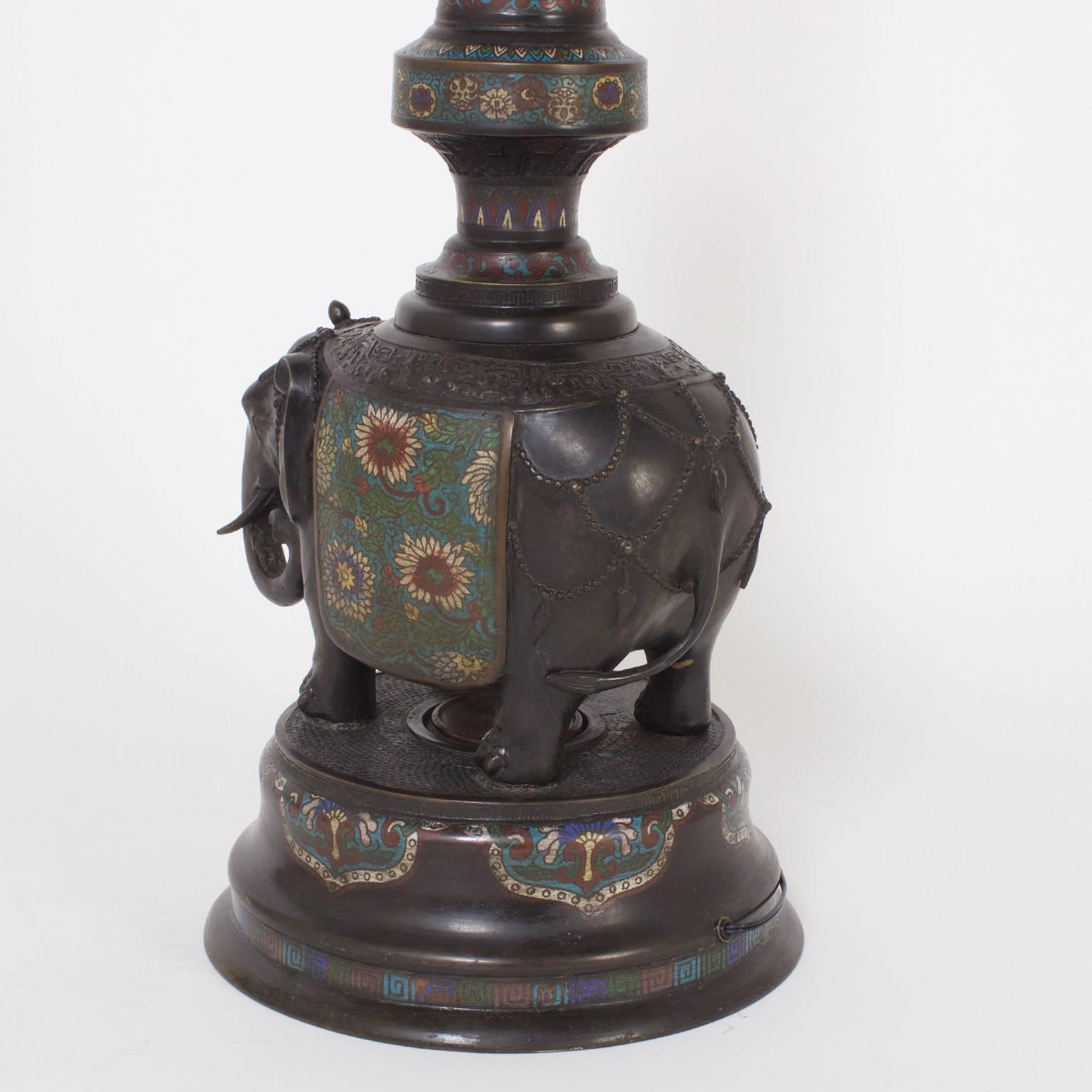 Antique Japanese Cast Bronze Champlevé Floor Lamp In Excellent Condition In Palm Beach, FL