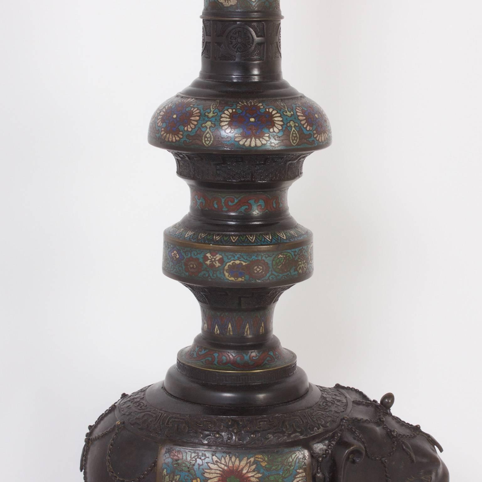 20th Century Antique Japanese Cast Bronze Champlevé Floor Lamp