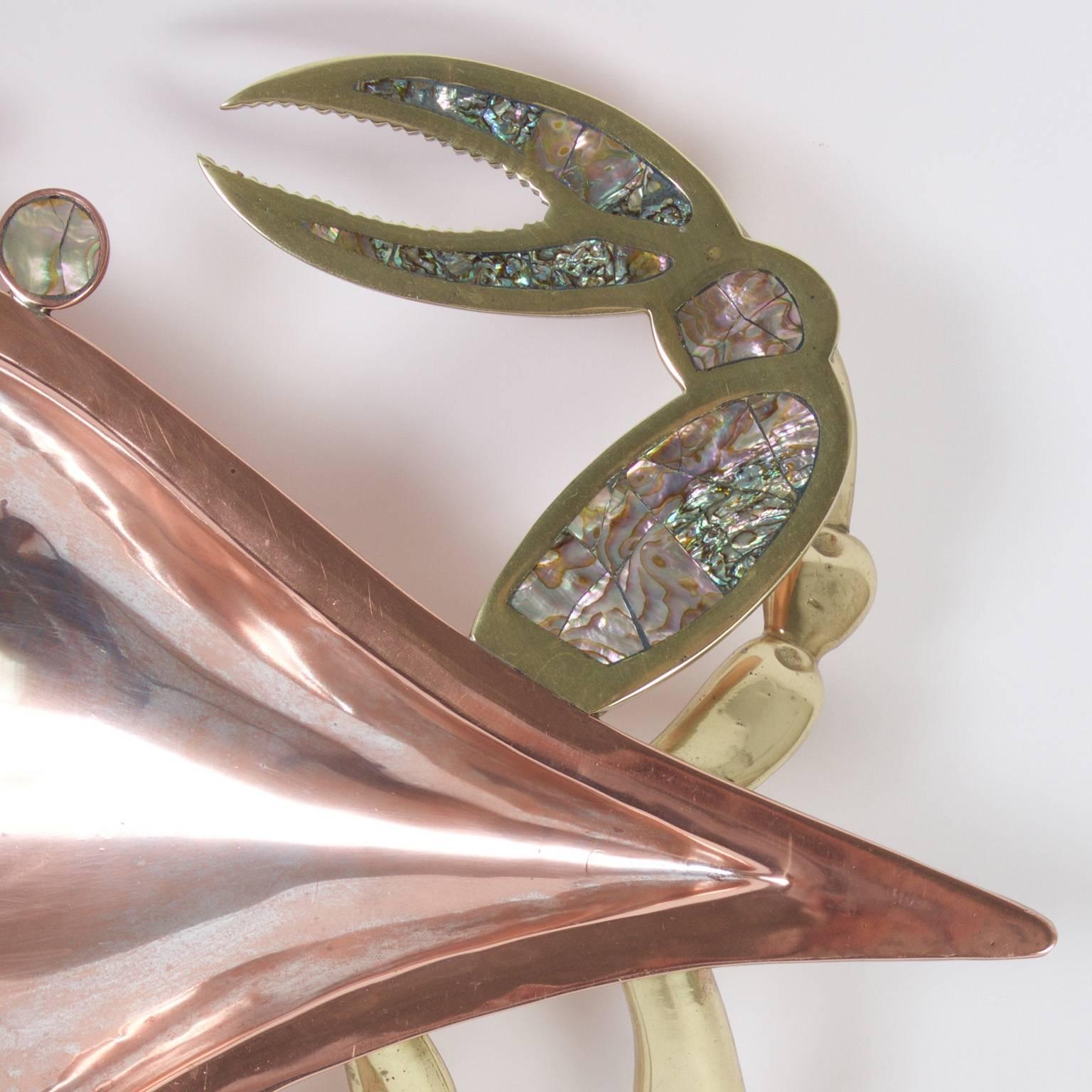 Mid-Century Modern Mid Century Brass and Abalone Shell Crab Sculpture or Serving Dish For Sale