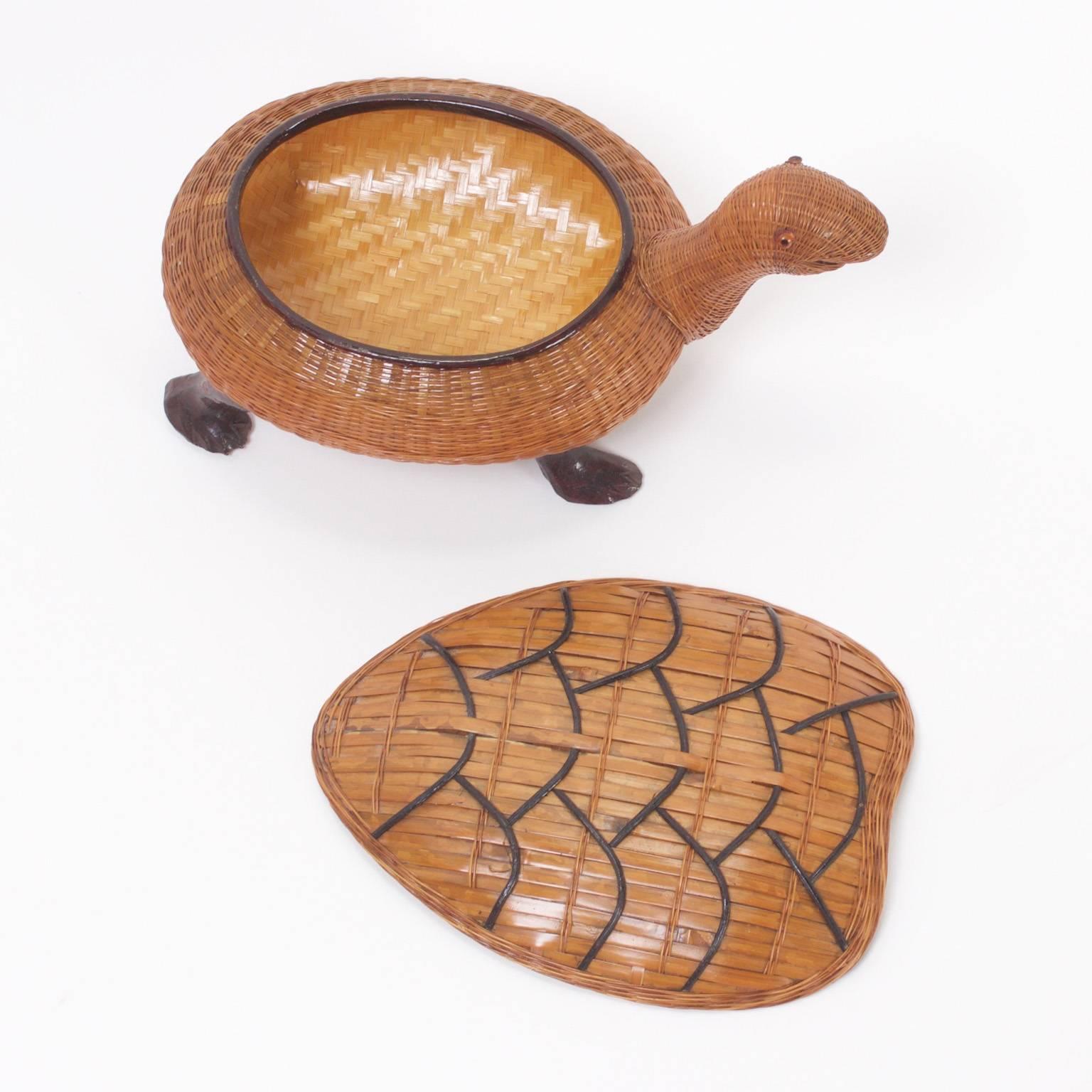 Mid-Century Modern Delightful Mid-Century Wicker and Bamboo Turtle Box