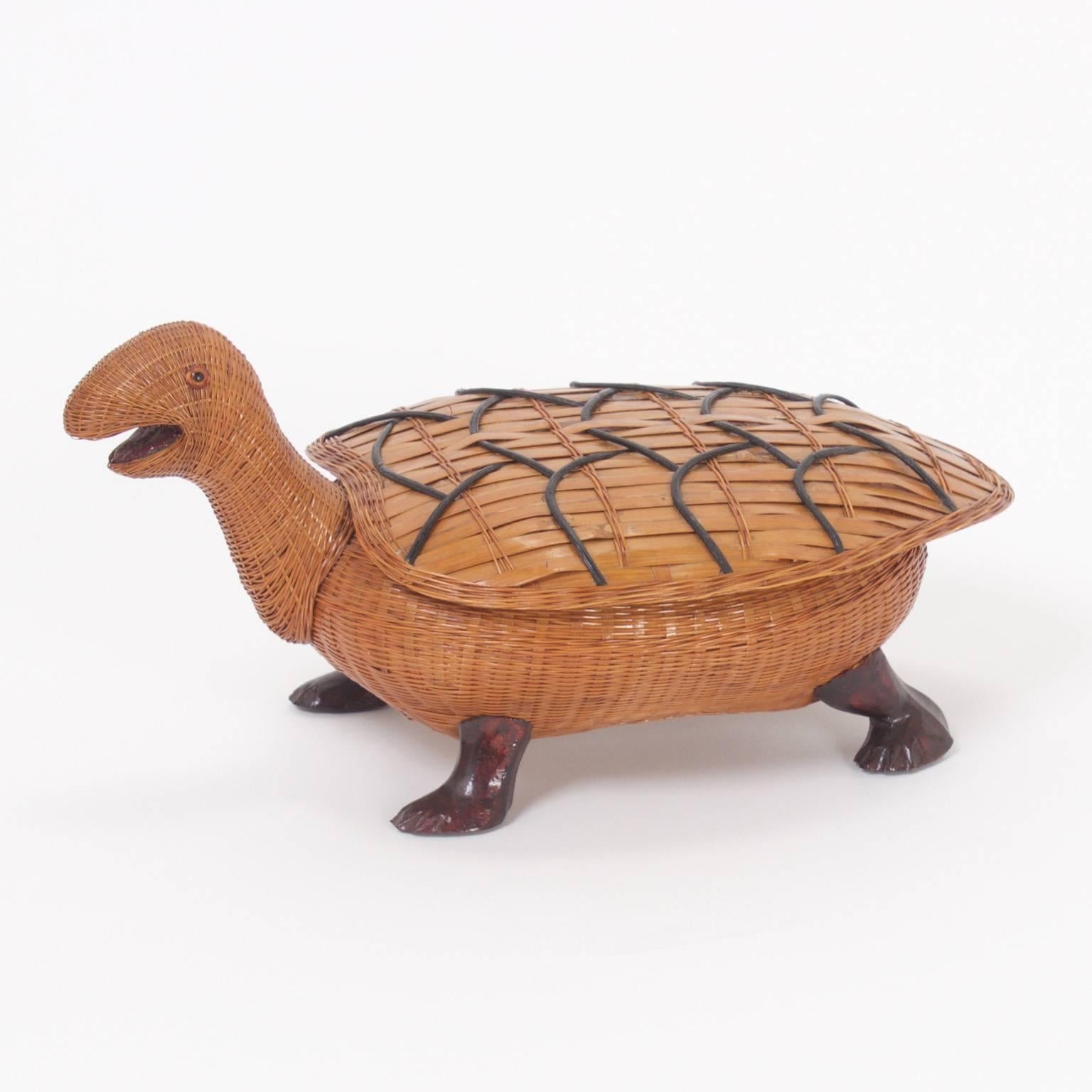 Delightful Mid-Century wicker and bamboo turtle with a happy presence expertly crafted in a tight intricate weave.
 