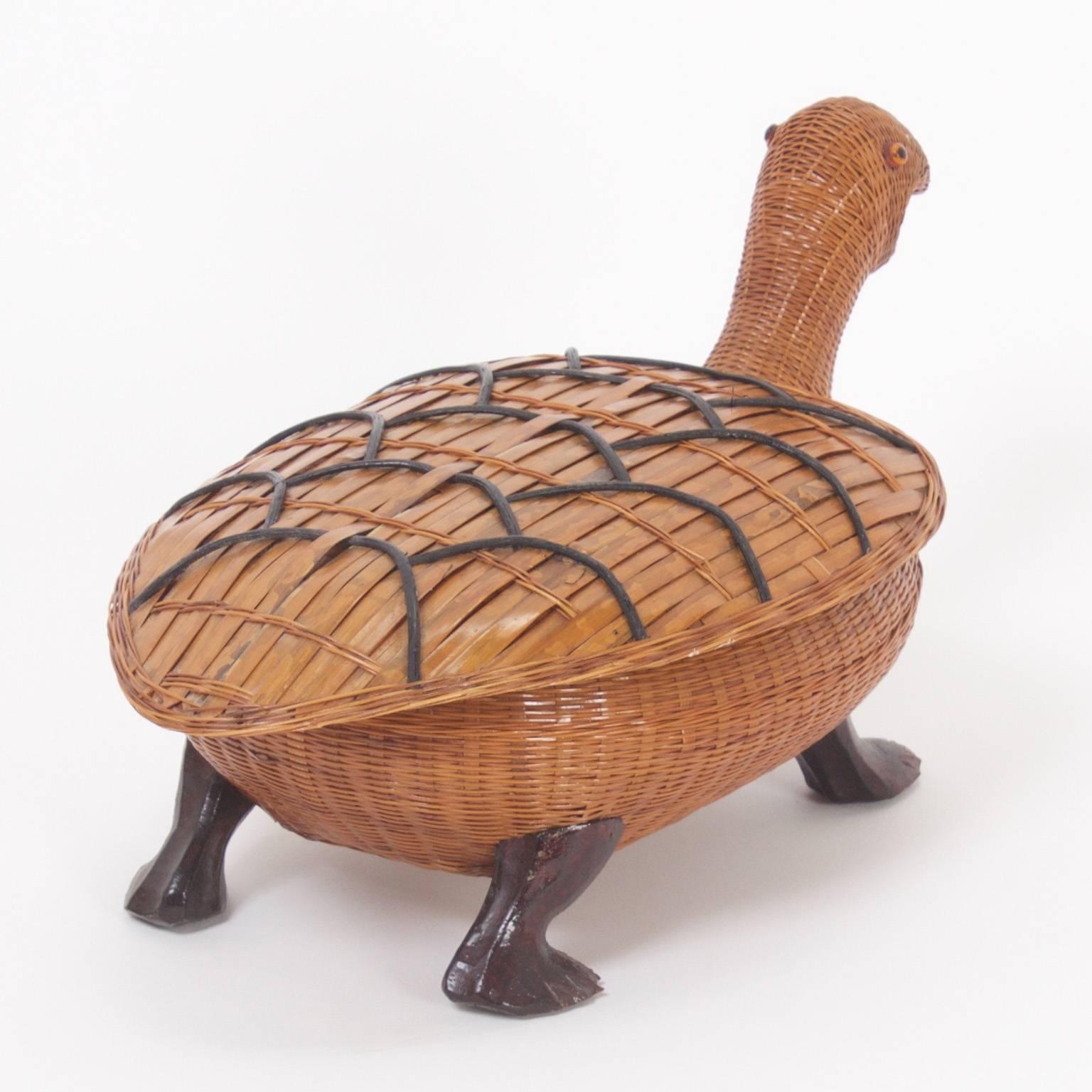 Delightful Mid-Century Wicker and Bamboo Turtle Box In Excellent Condition In Palm Beach, FL