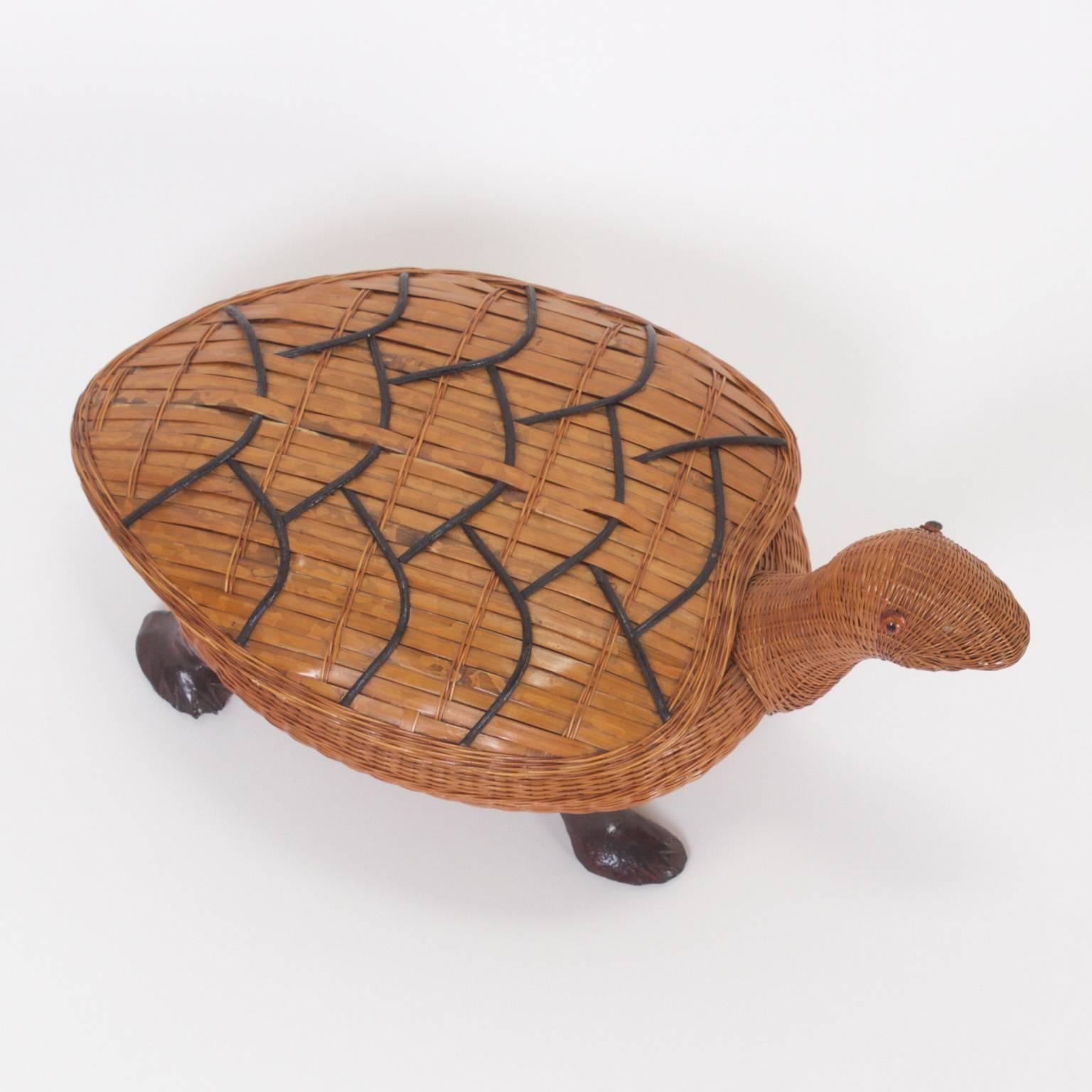 Chinese Delightful Mid-Century Wicker and Bamboo Turtle Box
