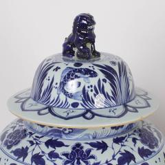 Large Pair of Blue and White Chinese Export Style Porcelain Lidded Jars