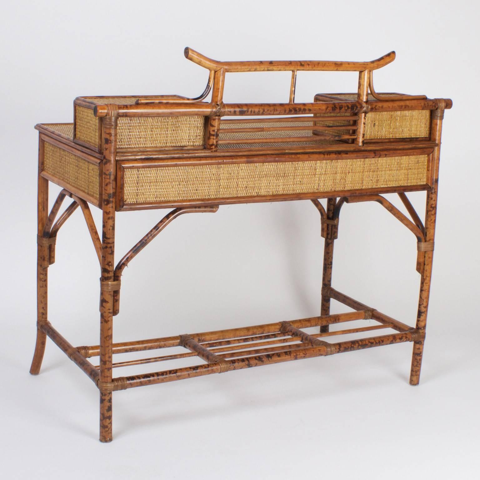 Chinoiserie Faux Bamboo Grass Cloth Desk and Chair In Excellent Condition In Palm Beach, FL