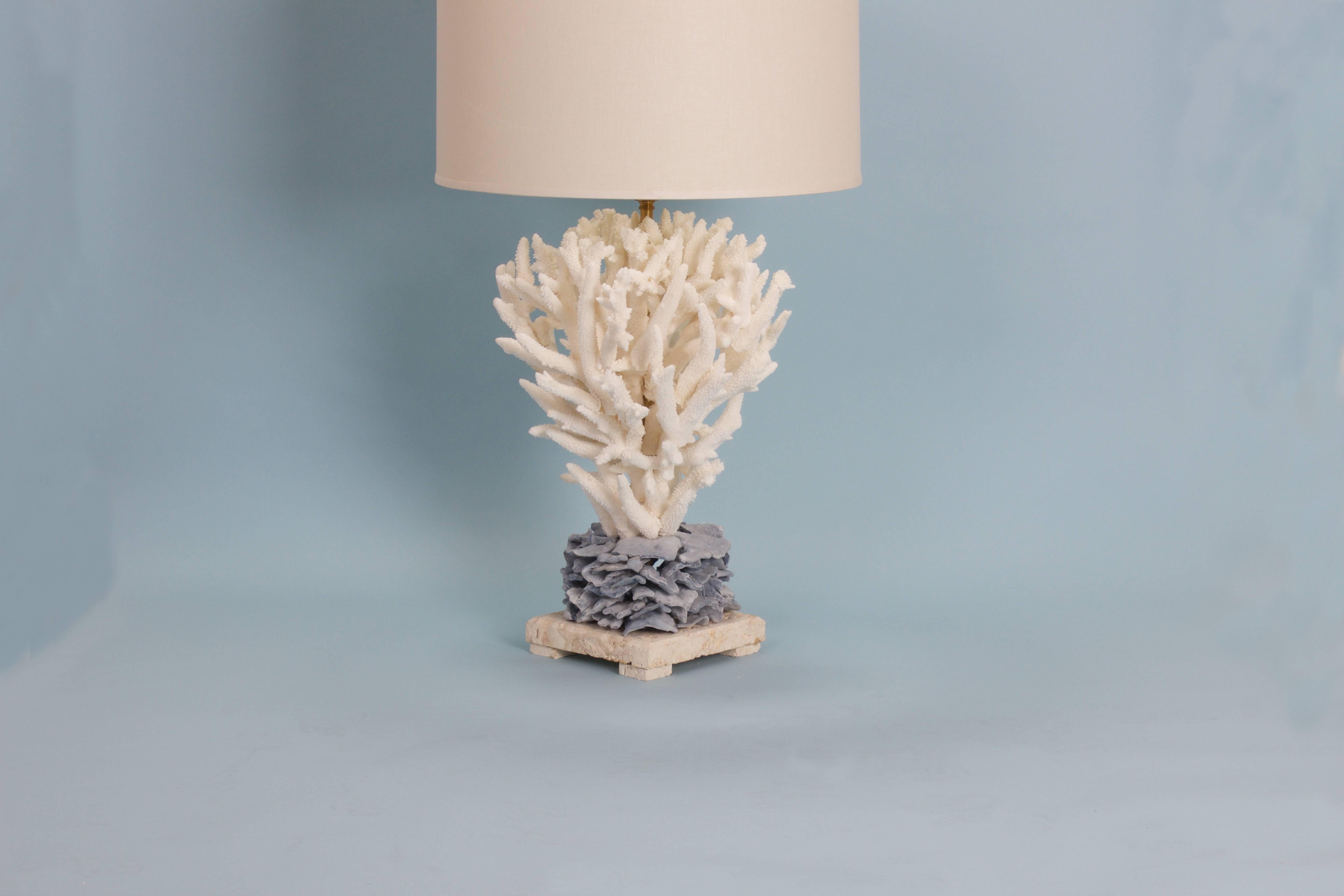 Chic staghorn and blue coral table lamp custom designed and crafted by F. S. Henemader from authentic farm grown coral and presented on a coquina base.