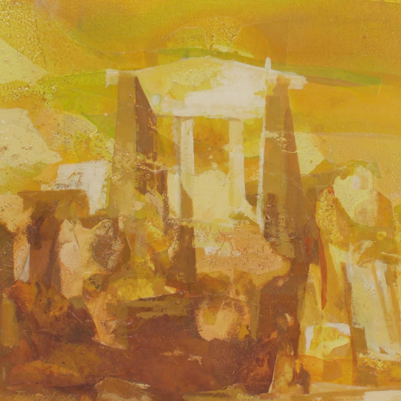 Dreamy impressionist painting with a striking, hot palette. Titled Aegean Temple on the original gallery tag and presented in the period, silver leaf frame.

