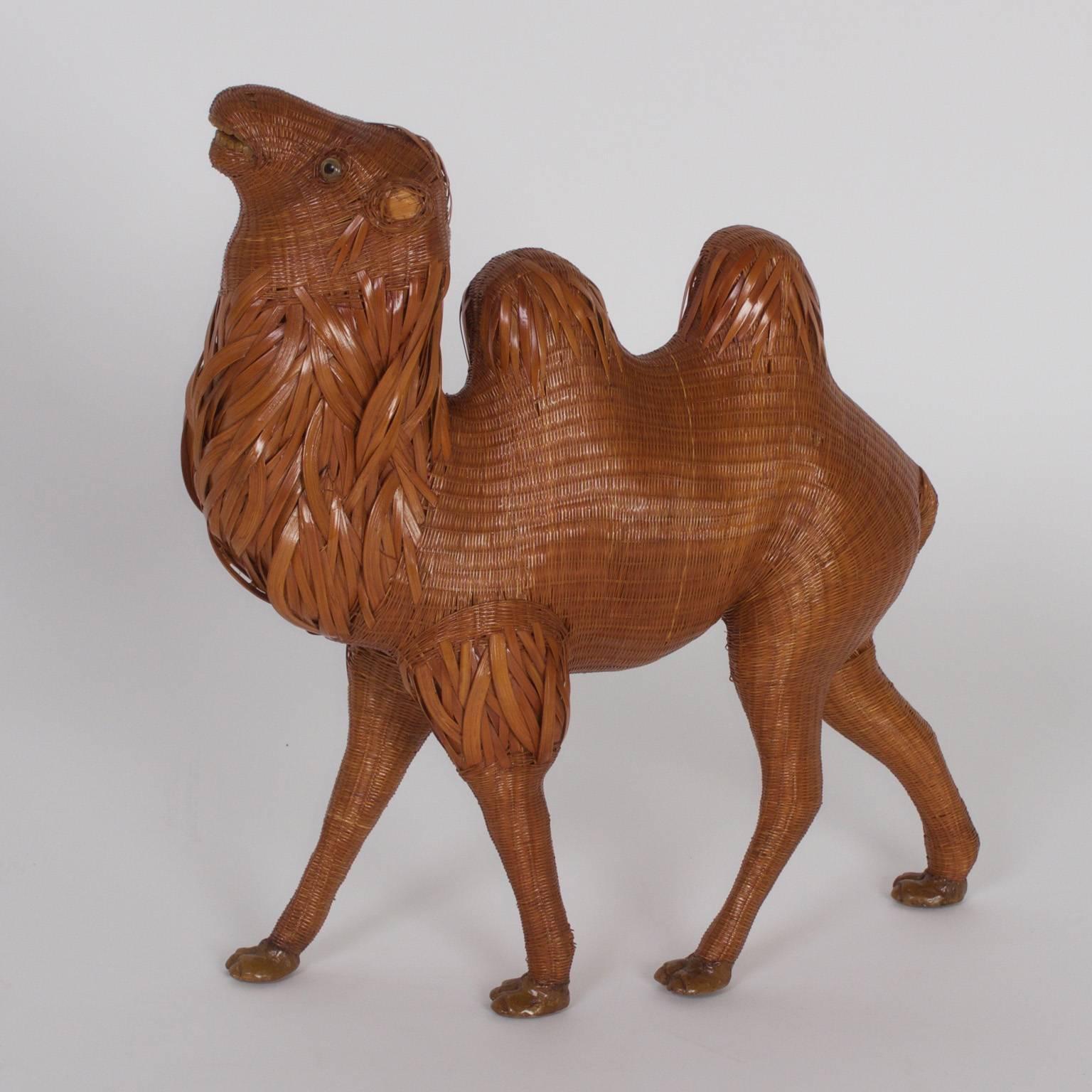 Mid-Century Modern Pair of Mid-Century Chinese Wicker and Reed Camels