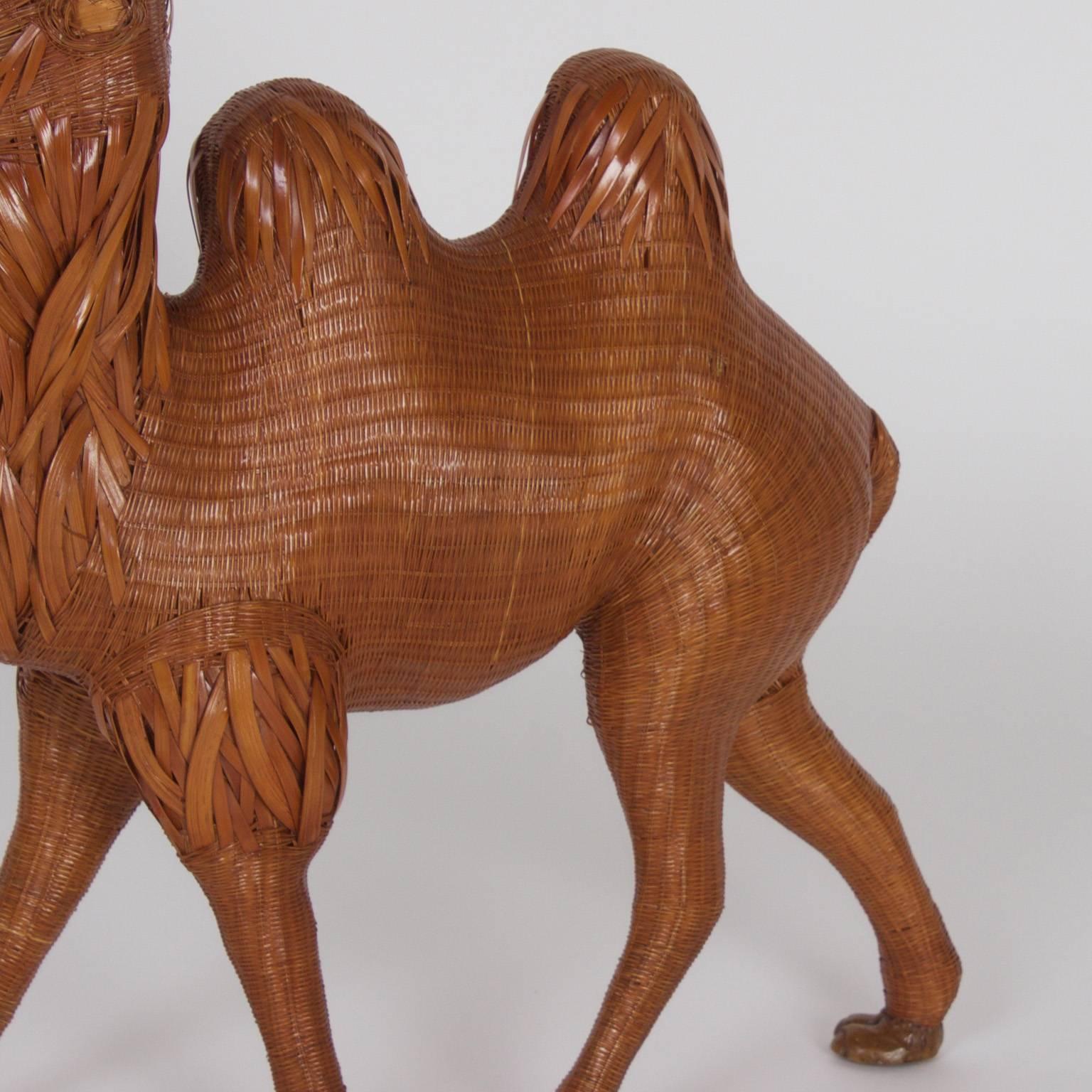 20th Century Pair of Mid-Century Chinese Wicker and Reed Camels