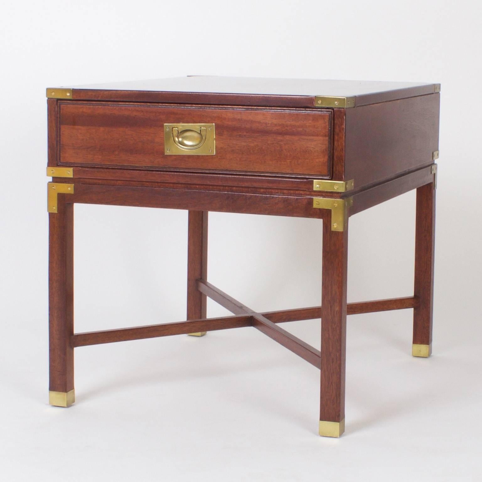 American Pair of Mid-Century Mahogany Campaign Nightstands