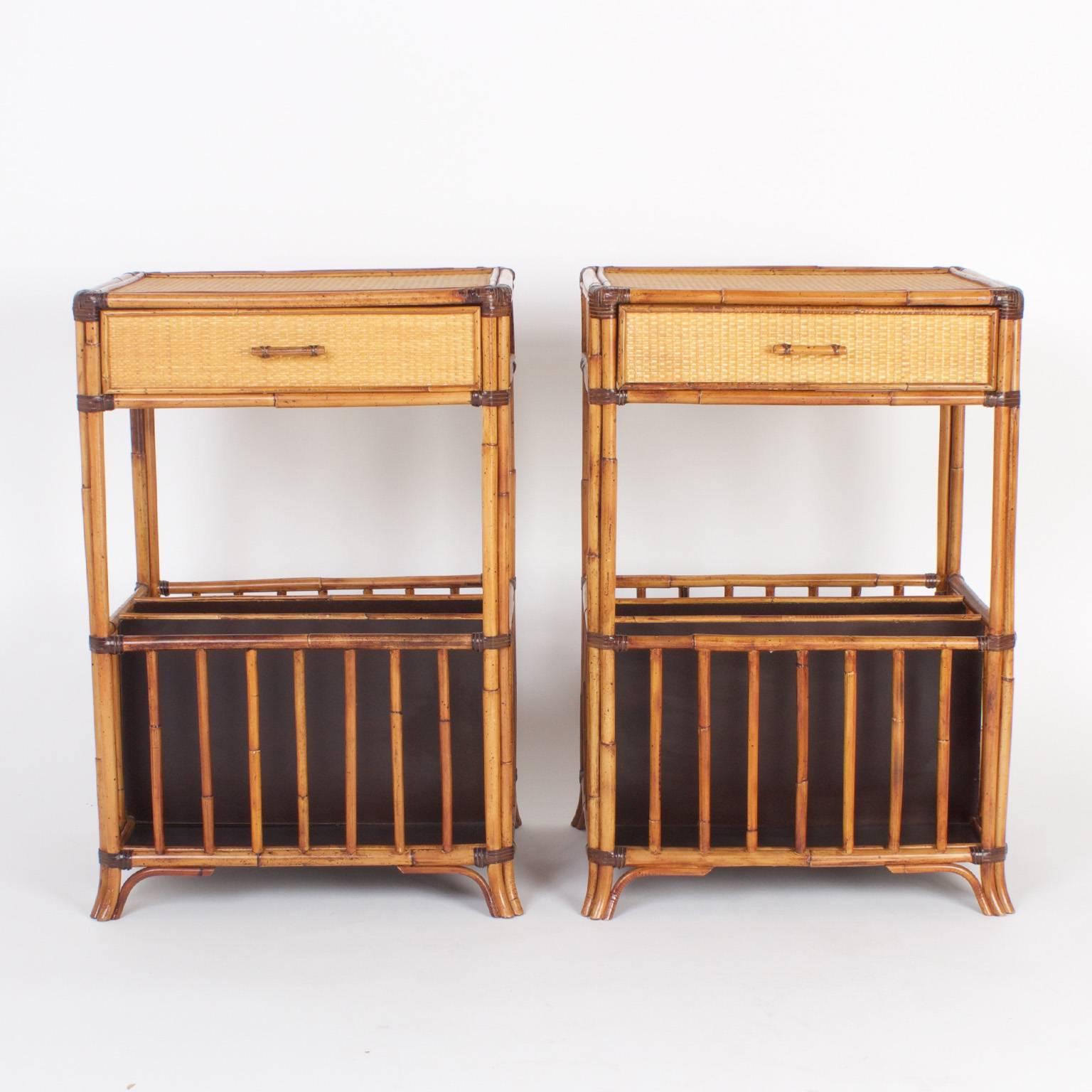 Handsome pair of Mid-Century nightstands crafted with bamboo and grasscloth. Featuring magazine or book rack in the bases and an appealing organic palette.