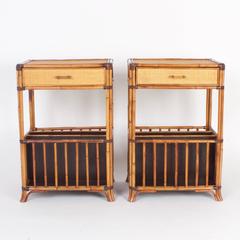 Pair of Mid-Century Grasscloth and Bamboo Nightstands