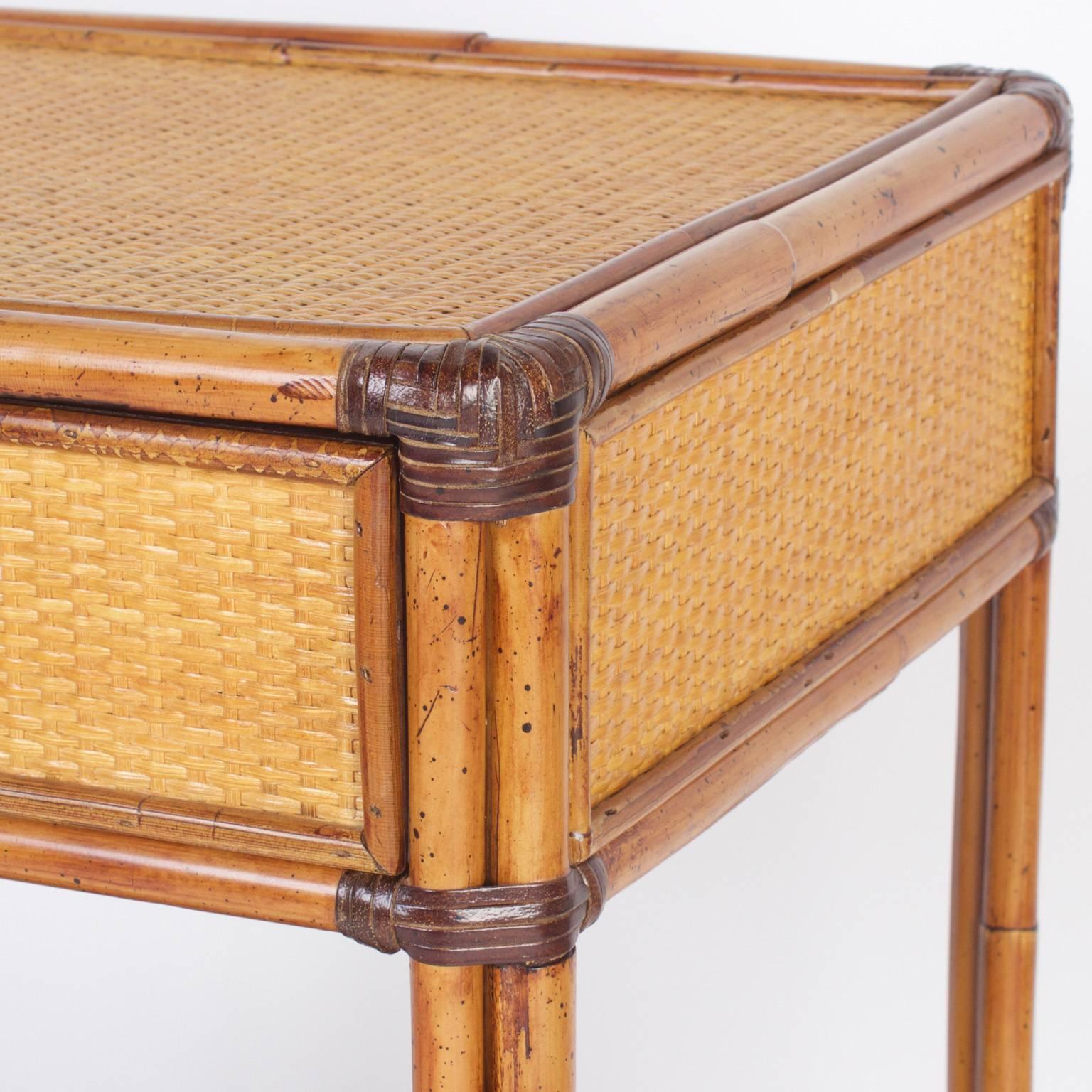 Pair of Mid-Century Grasscloth and Bamboo Nightstands In Excellent Condition In Palm Beach, FL