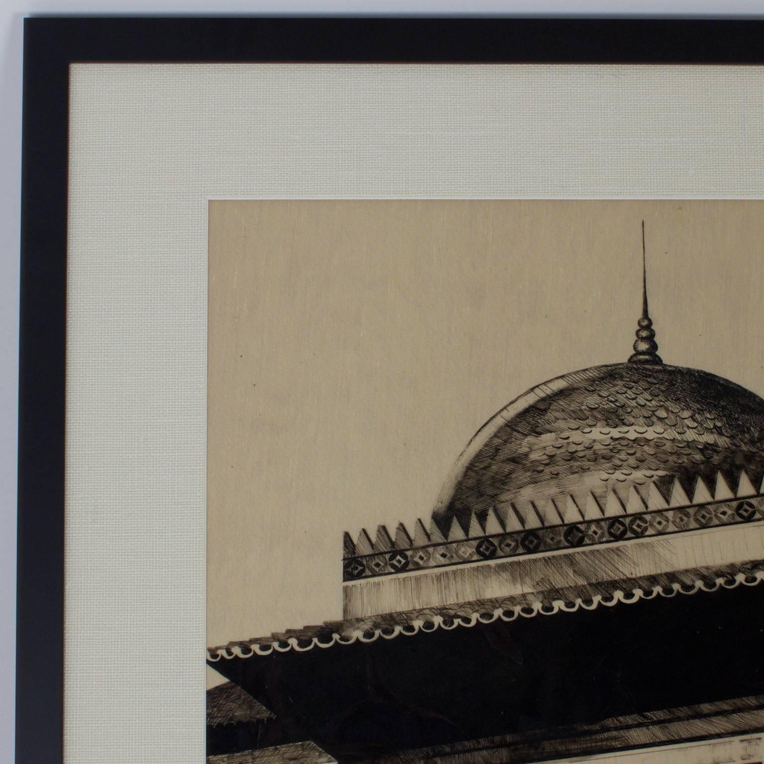 Bold image of Moorish architecture executed with a unique technique, a reverse drawing on a sheet of Mylar or plastic. The effect is quite alluring and very much in the manor of the Orientalists. Signed Cathy Wiggs, 1966.
 