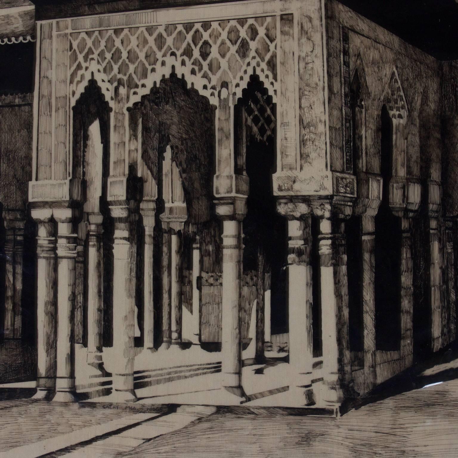 English Reverse Drawing of Moorish Architecture by Cathy Wiggs For Sale