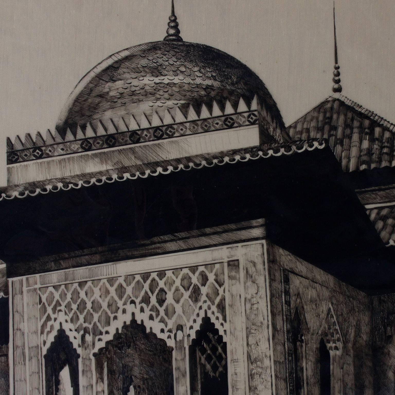 British Colonial Reverse Drawing of Moorish Architecture by Cathy Wiggs For Sale