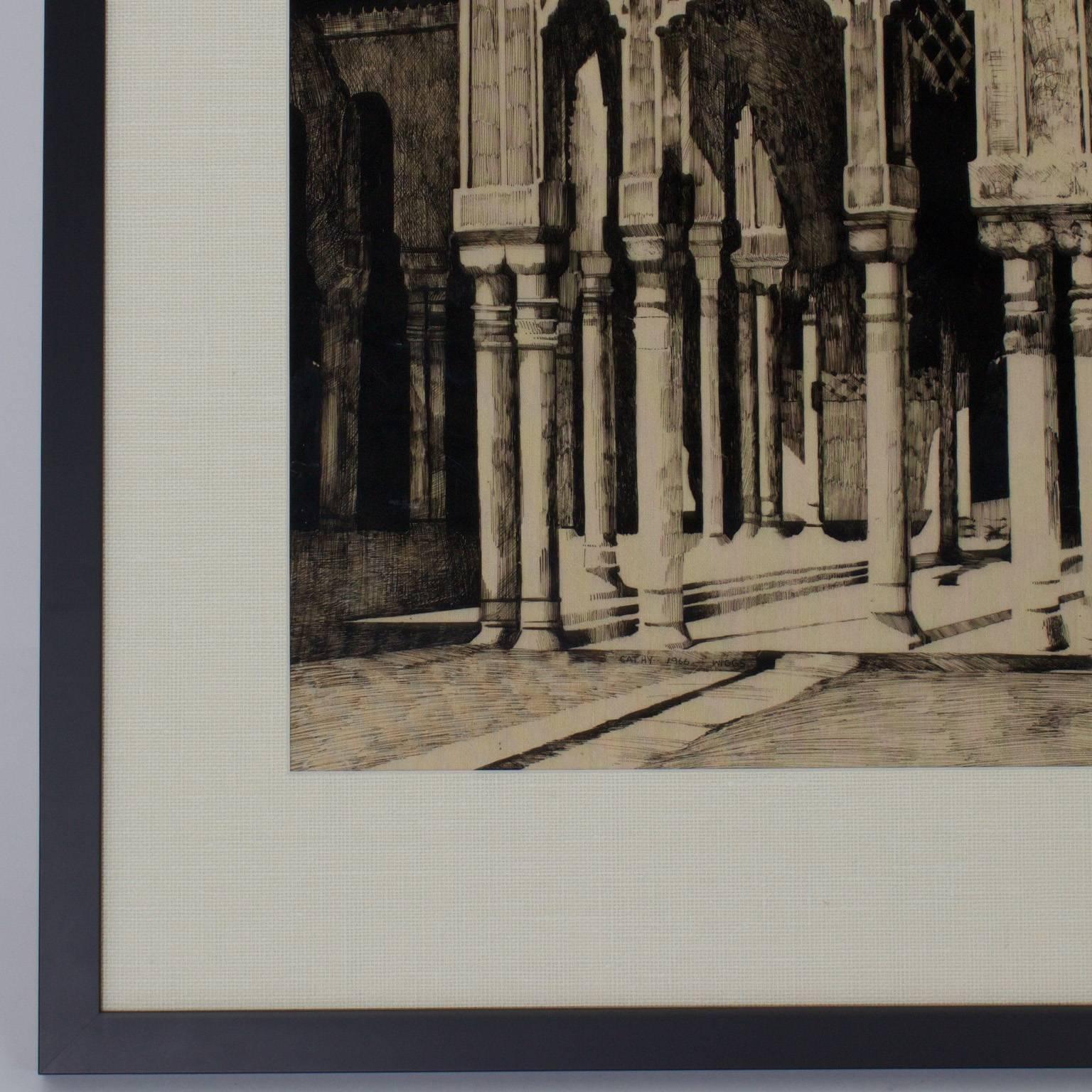 Reverse Drawing of Moorish Architecture by Cathy Wiggs In Good Condition For Sale In Palm Beach, FL