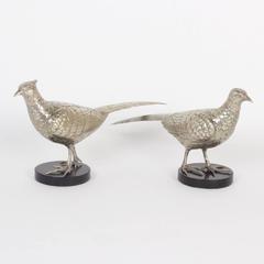 Pair of Mid-Century Silvered Metal Pheasants