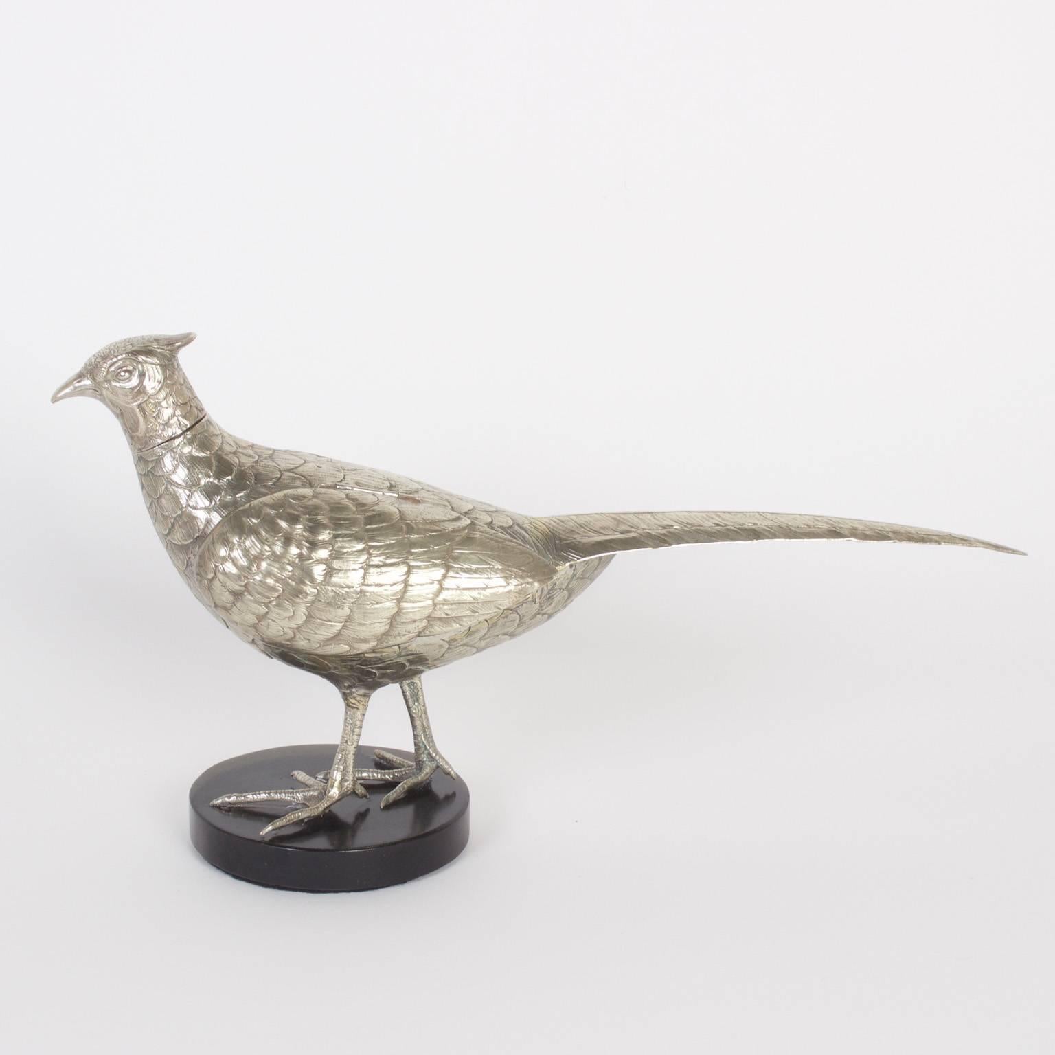Anglo-Indian Pair of Mid-Century Silvered Metal Pheasants For Sale