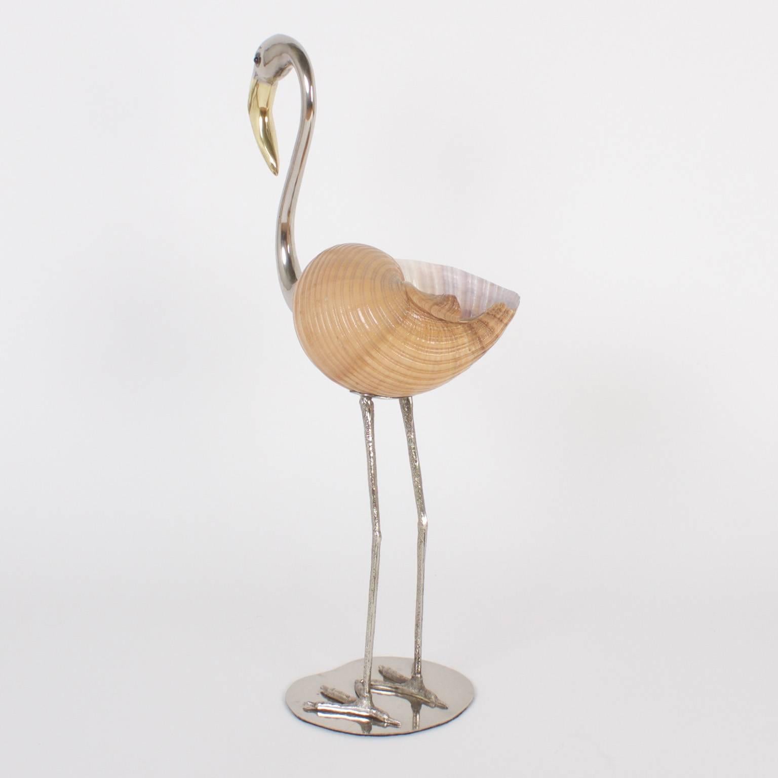 Whimsical, modern Flamingo sculpture ingeniously crafted with a Tonne shell and silver plated brass. Tall, lanky and a touch of elegance. Signed Binazzi under the neck.
 