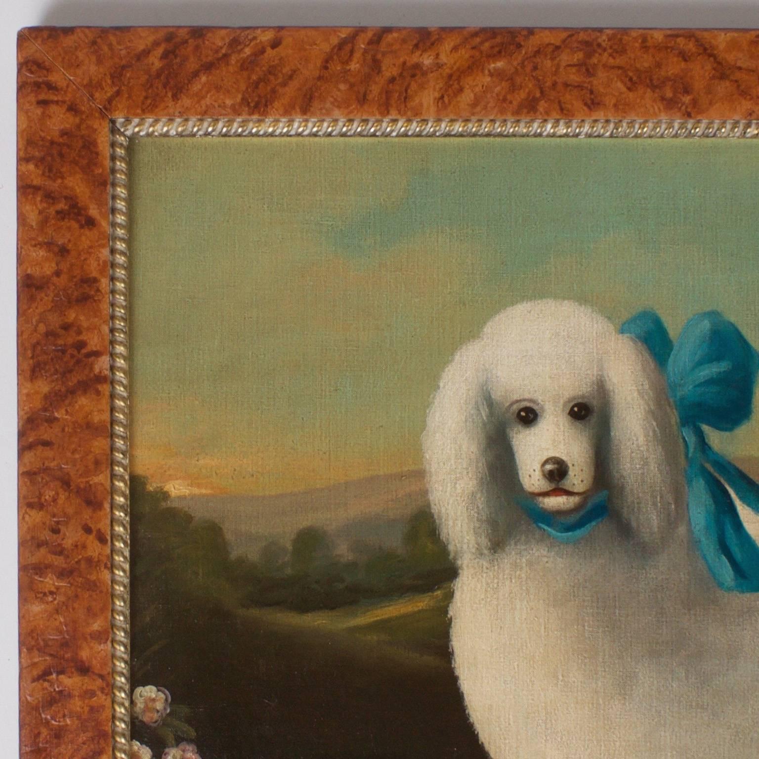 Vintage Ron Lee Van Sweringen oil painting on board of a white well coifed poodle with a blue ribbon. Painted in a naive Victorian style, presented in a faux finished antique frame and initialed RVS.