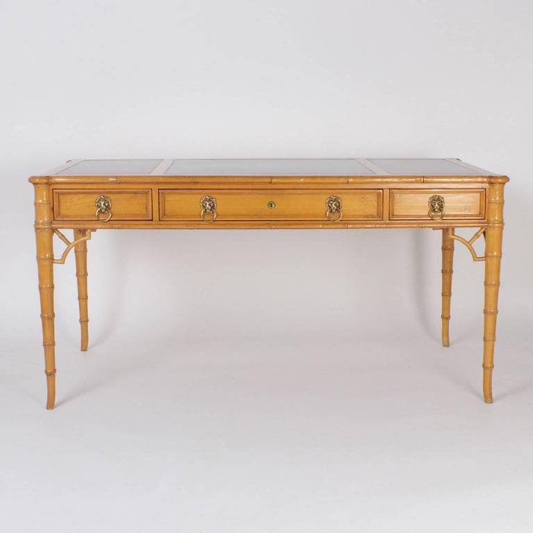 MidCentury Maple Faux Bamboo Writing Desk with Green Leather Top For