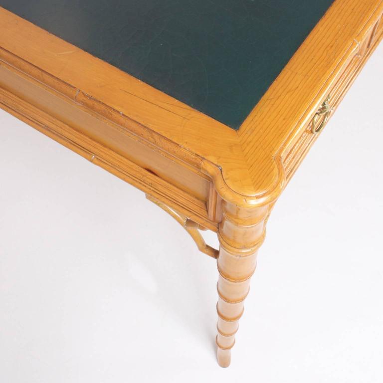 MidCentury Maple Faux Bamboo Writing Desk with Green Leather Top For