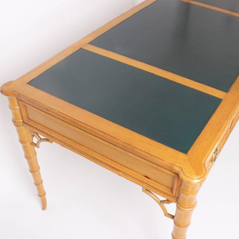 MidCentury Maple Faux Bamboo Writing Desk with Green Leather Top For