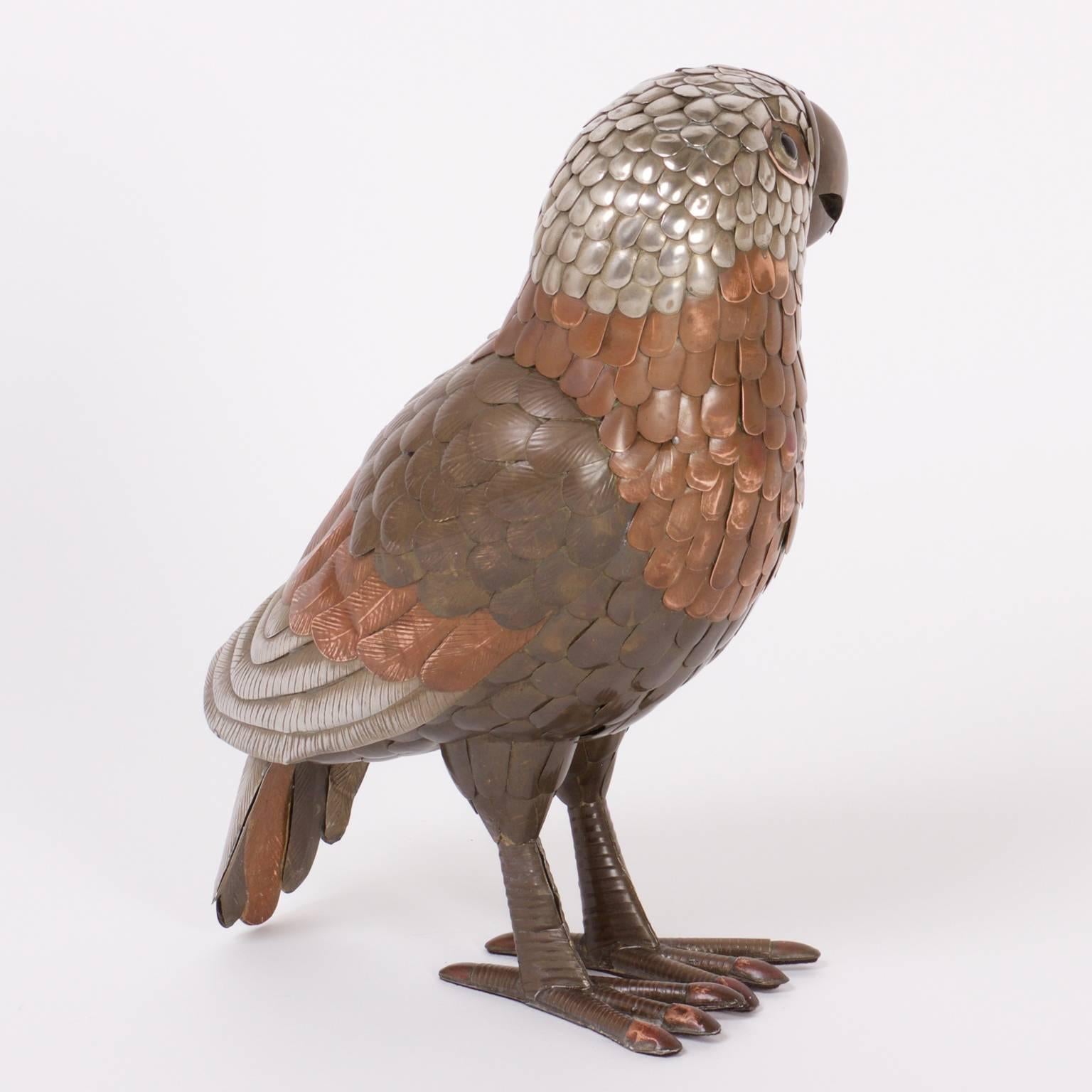 Mid-Century Modern Brass and Copper Parrot Sculpture in the Style of Bustamante For Sale