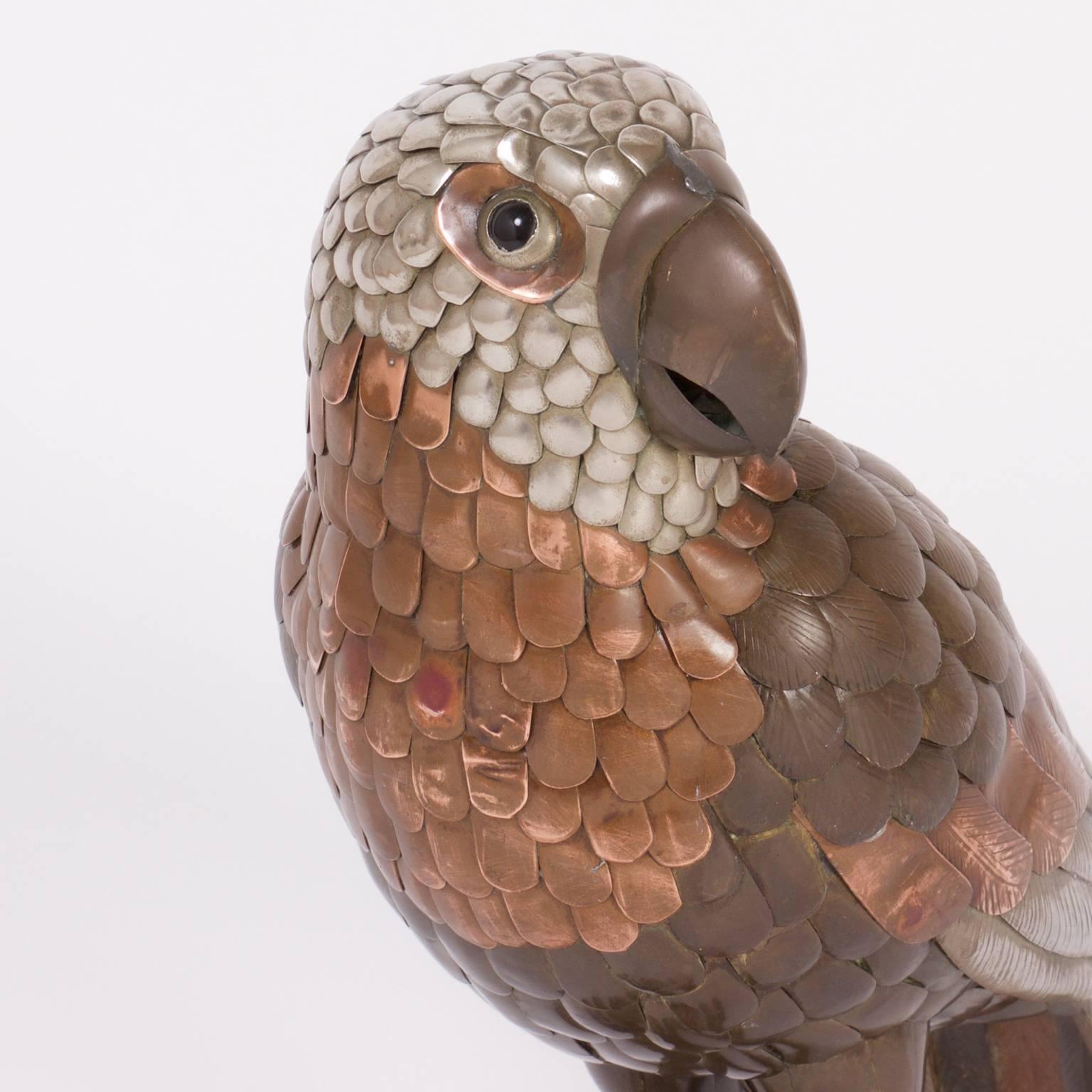 American Brass and Copper Parrot Sculpture in the Style of Bustamante For Sale