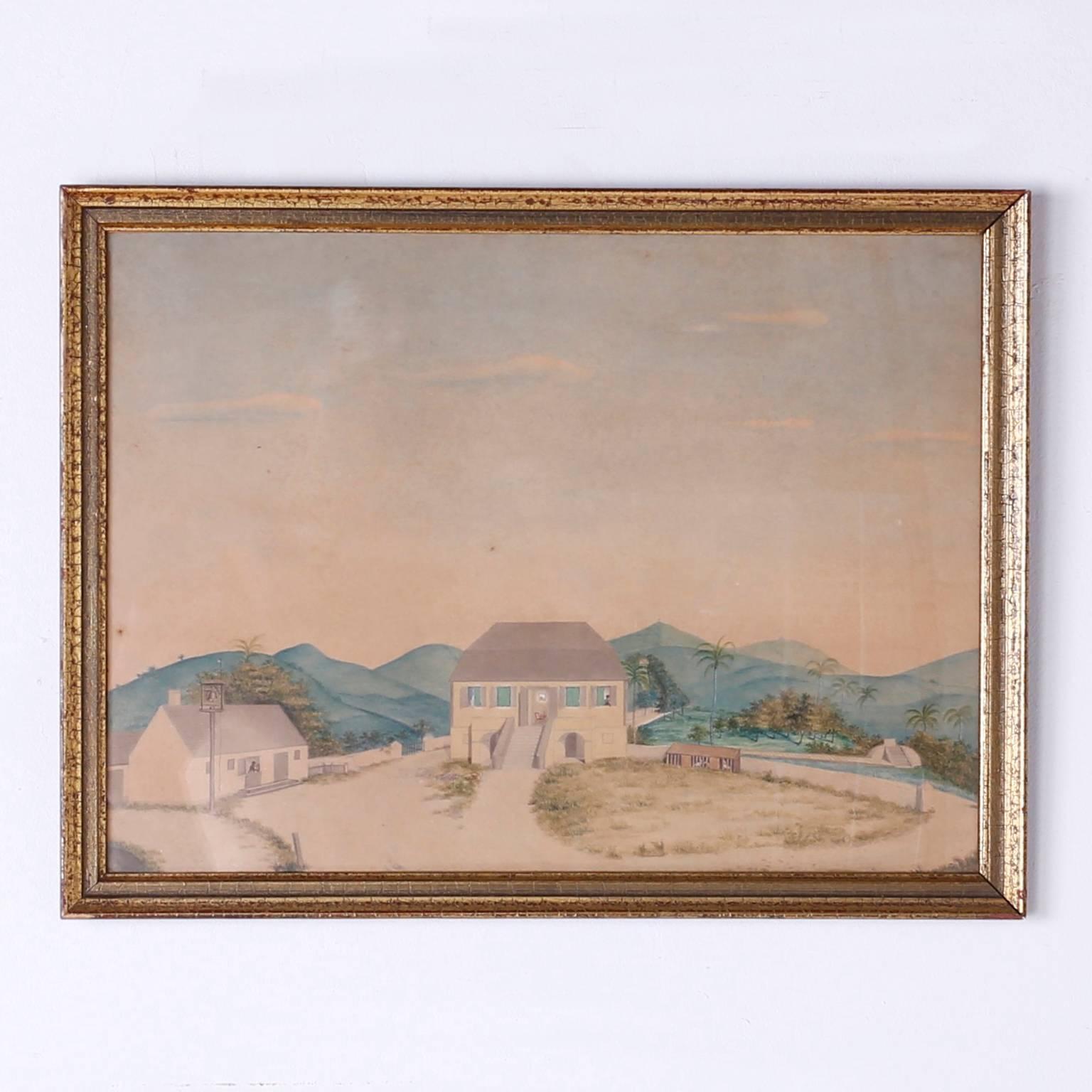 Here are four rare and historically important watercolor drawings on paper of St. Croix. Painted in a topographical style by L.J.Harboe, effectively transporting us to a time and place where you can hear the tranquility. Each watercolor has a label