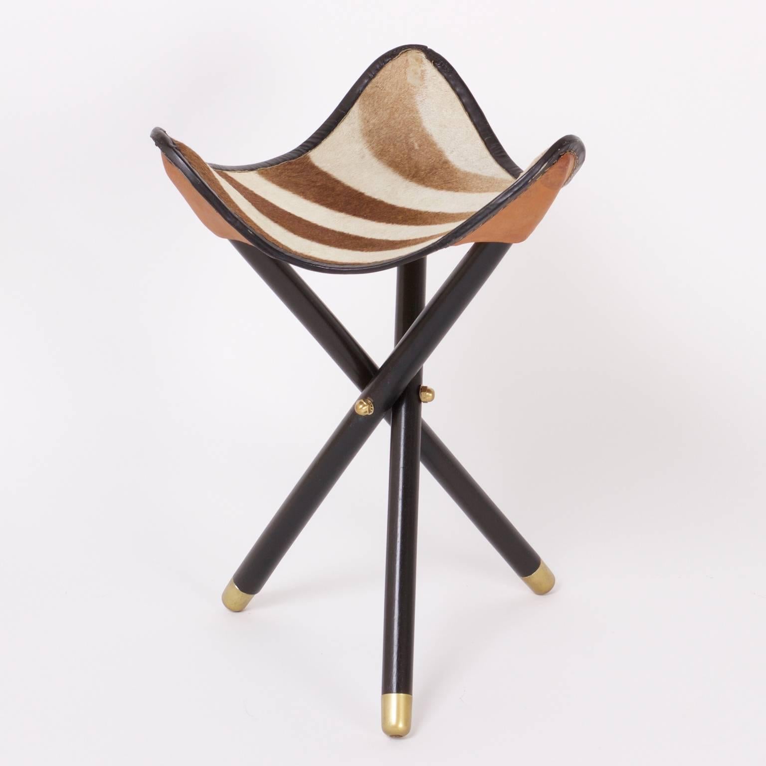 South African Group of Four Campaign Style Zebra Hide Folding Stools, Available Individually