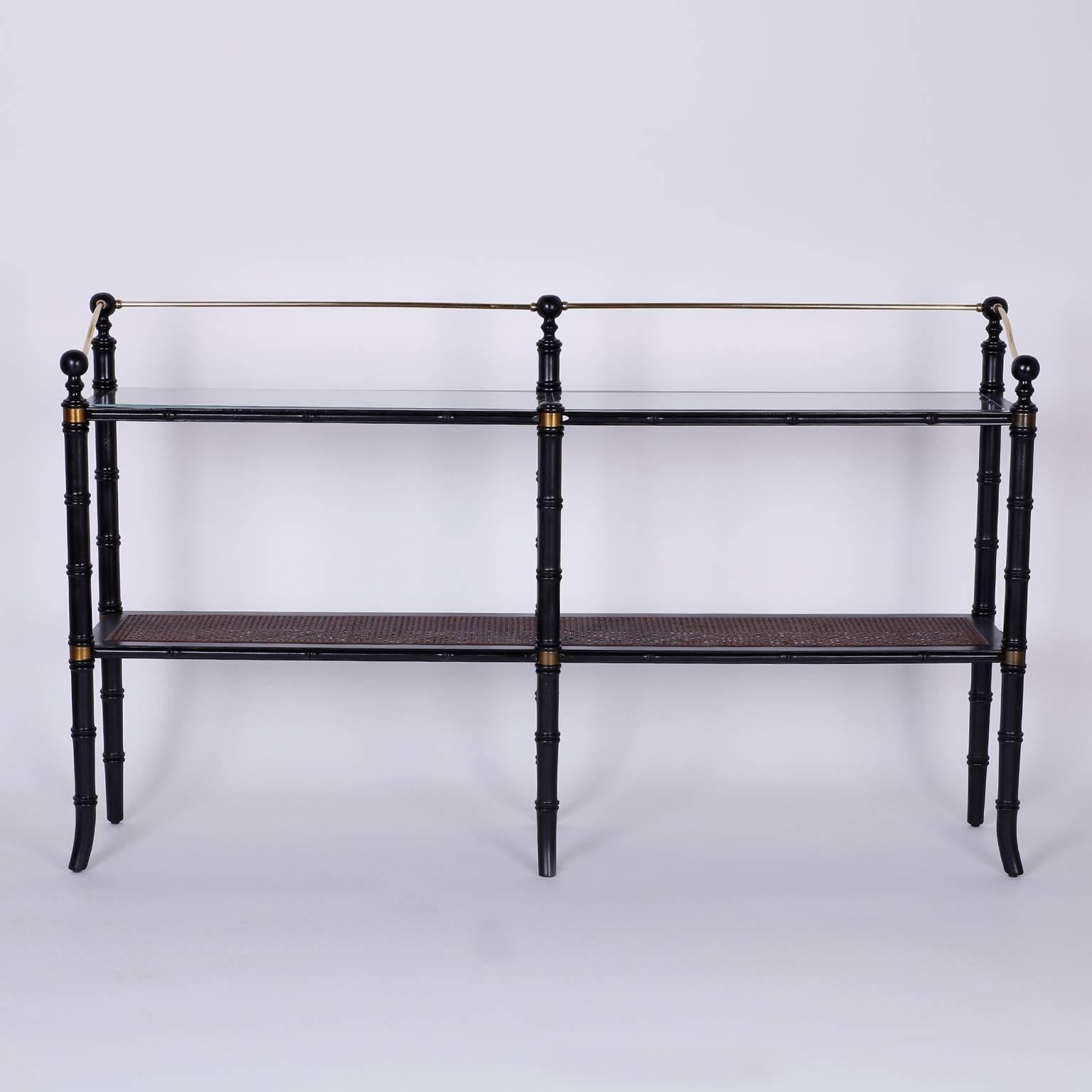 American Chic Campaign Style Caned Two-Tiered Shelf or Étagère
