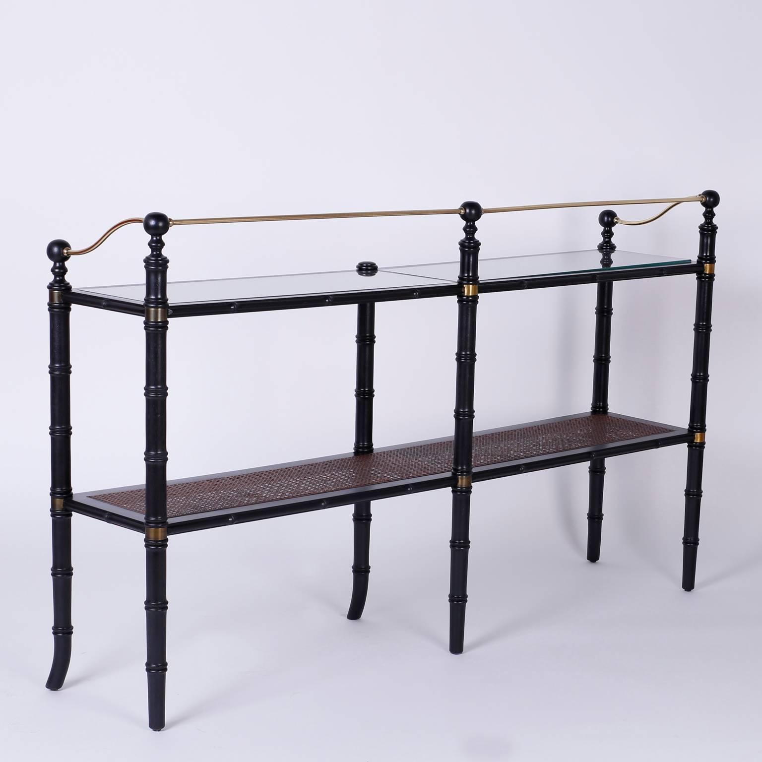 Chic Campaign Style Caned Two-Tiered Shelf or Étagère In Excellent Condition In Palm Beach, FL