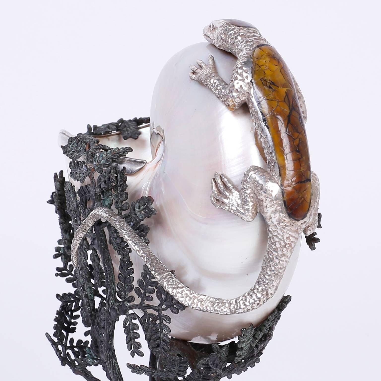 Organic Modern Mid-Century Silvered Metal Lizard and Nautilus Shell Sculpture