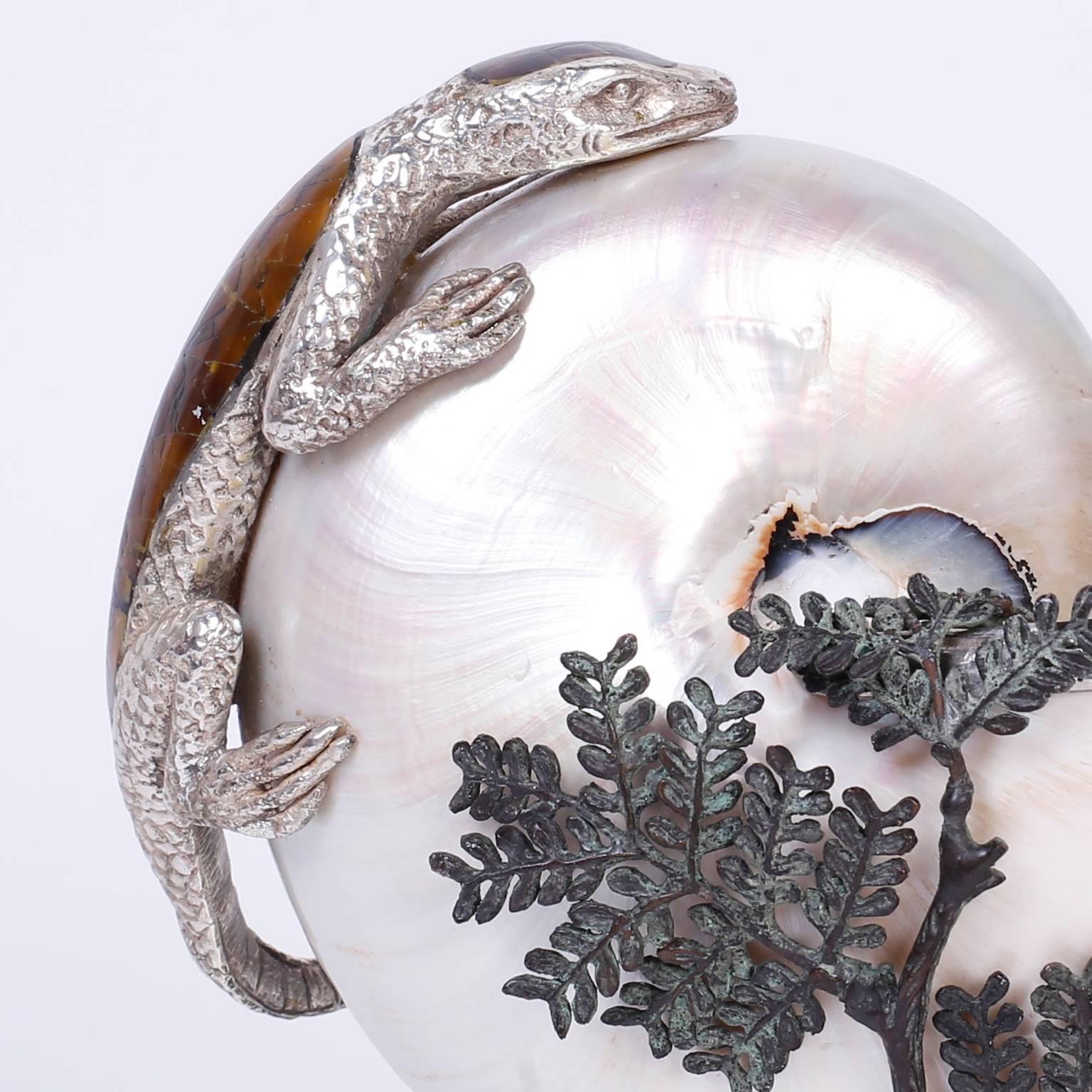 American Mid-Century Silvered Metal Lizard and Nautilus Shell Sculpture