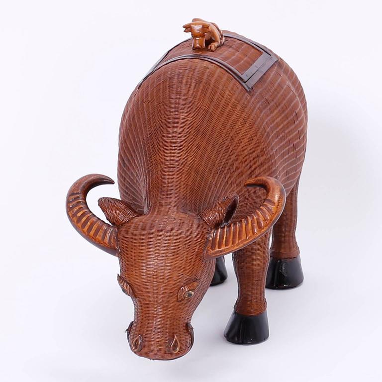 Traditional Chinese Wicker and Wood Lidded Ox Box at 1stDibs
