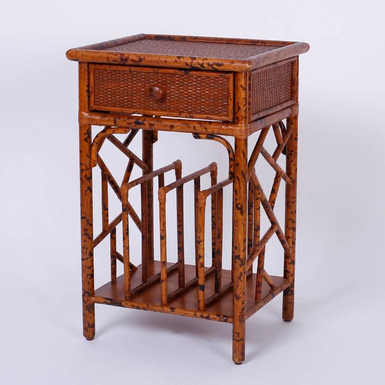 Pair of MidCentury Grasscloth and Rattan Nightstands or Tables For