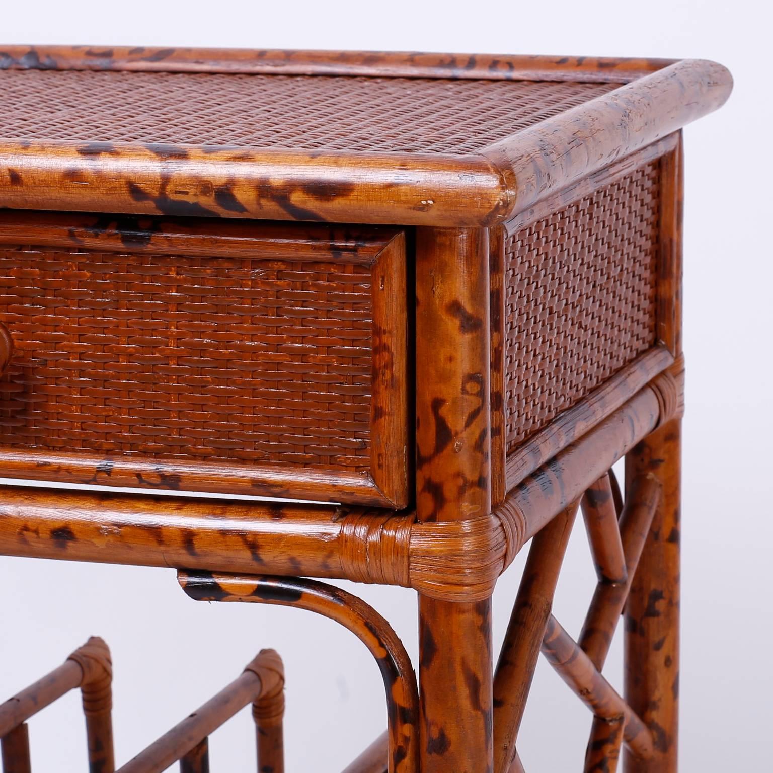 Pair of Mid-Century Grasscloth and Rattan Side or End Tables In Excellent Condition In Palm Beach, FL