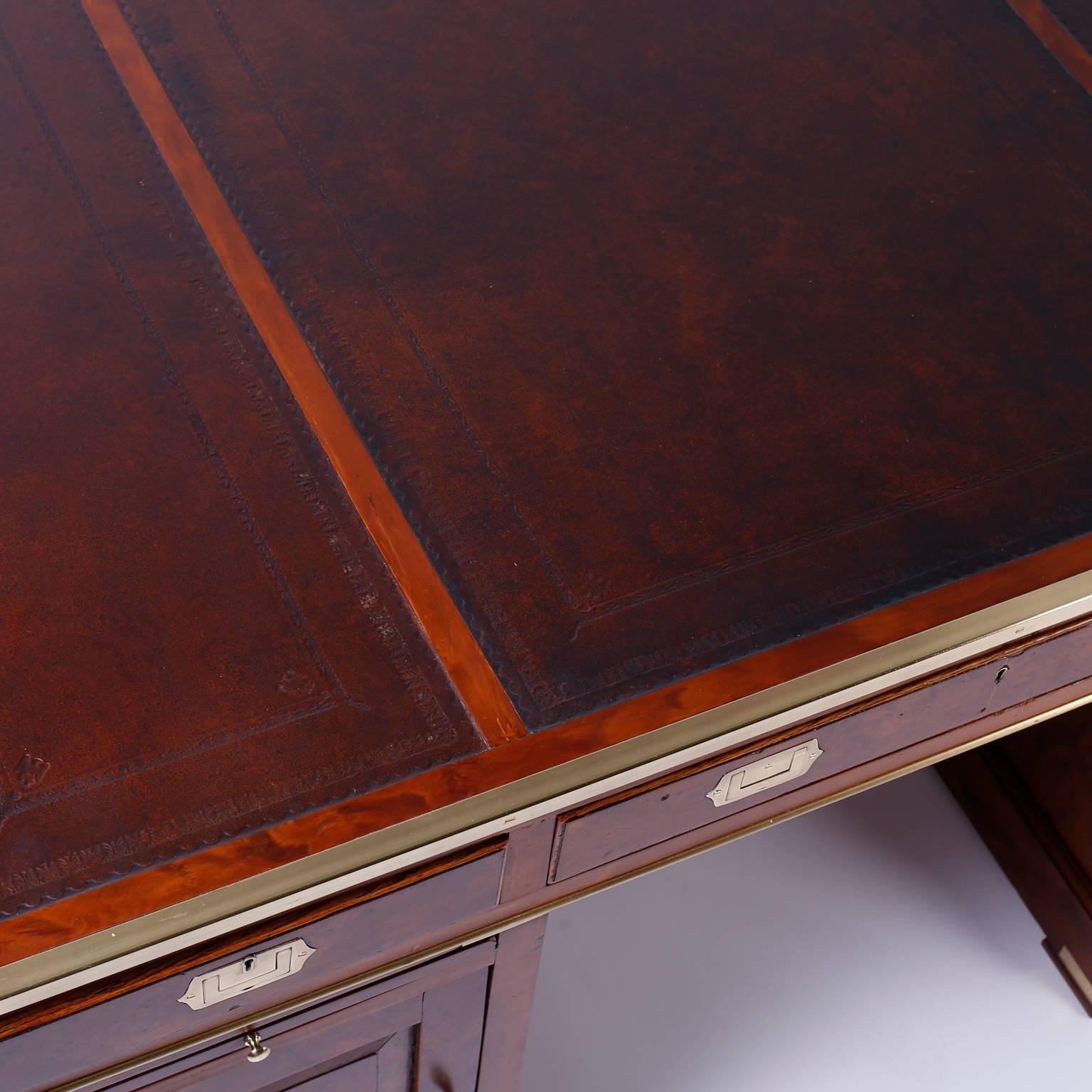 Antique Campaign Style Mahogany Leather Top Partners Desk In Excellent Condition In Palm Beach, FL