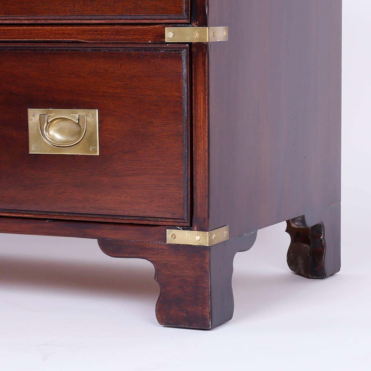 Pair of Campaign Style Mahogany Nightstands or Chests In Good Condition In Palm Beach, FL