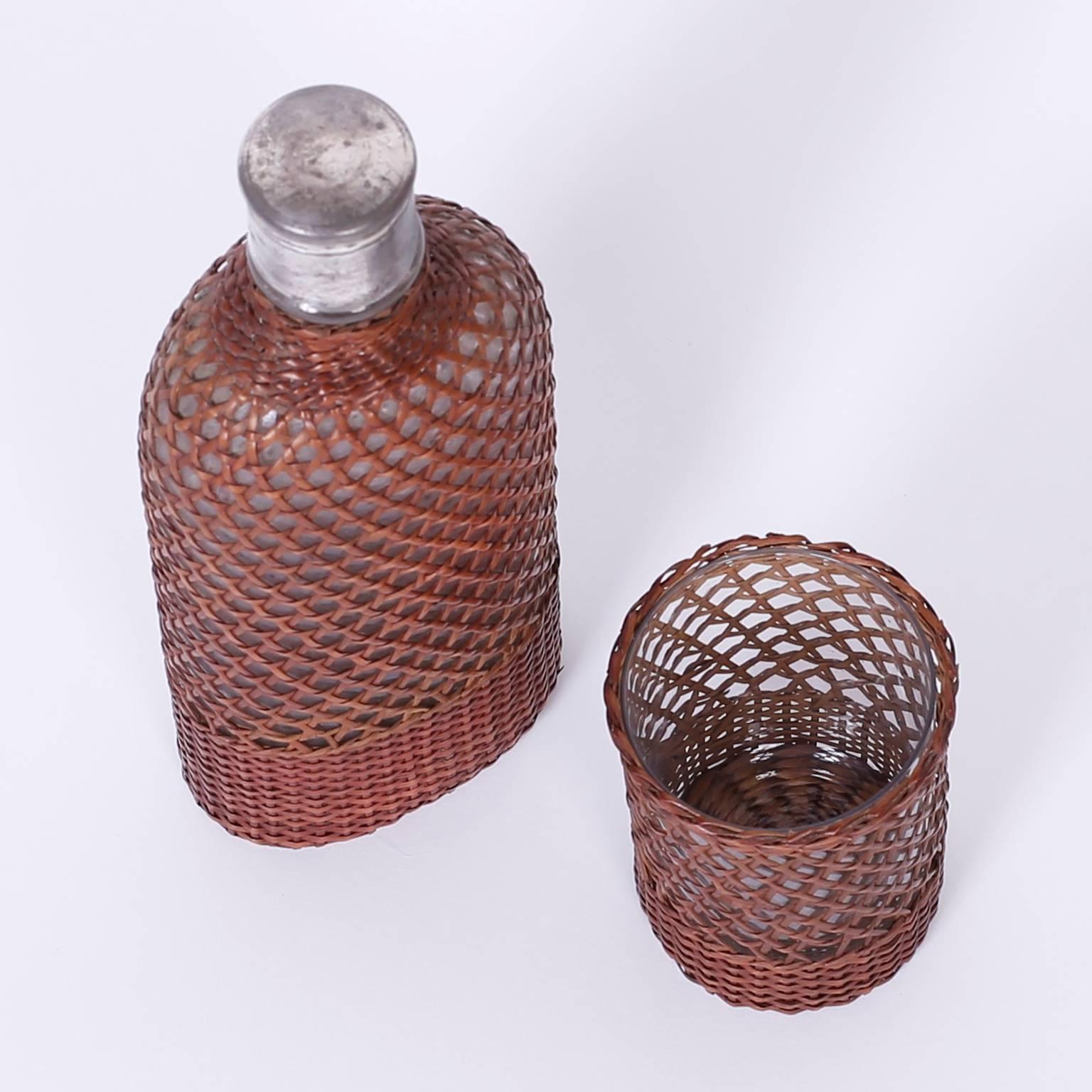 French Vintage Set of Drinking Vessels Wrapped in Wicker or Cane
