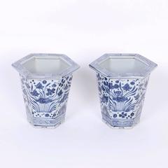 Pair of Chinese Export Style Blue and White Porcelain Planters