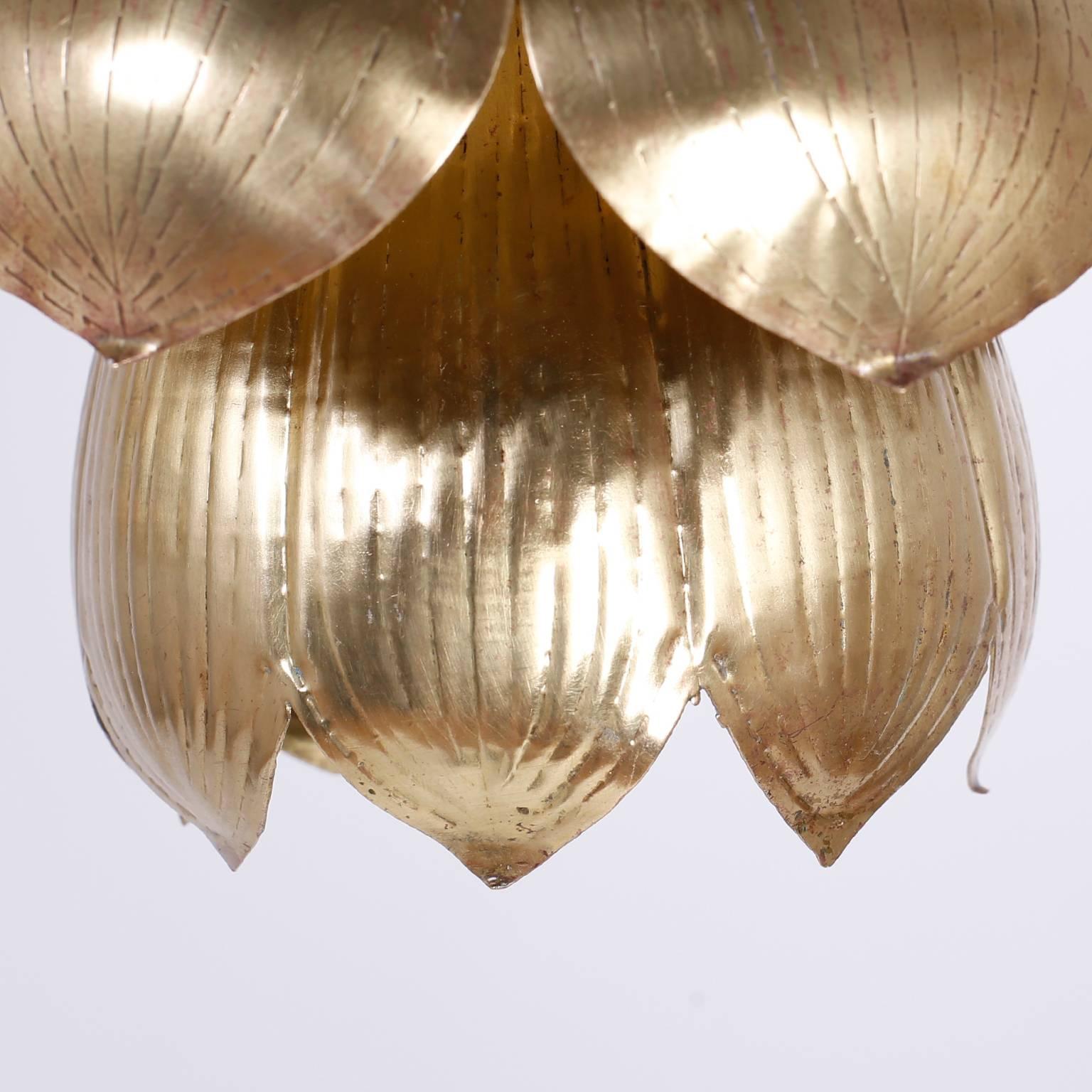 Hong Kong Group of Six Brass Lotus Light Pendants or Chandeliers